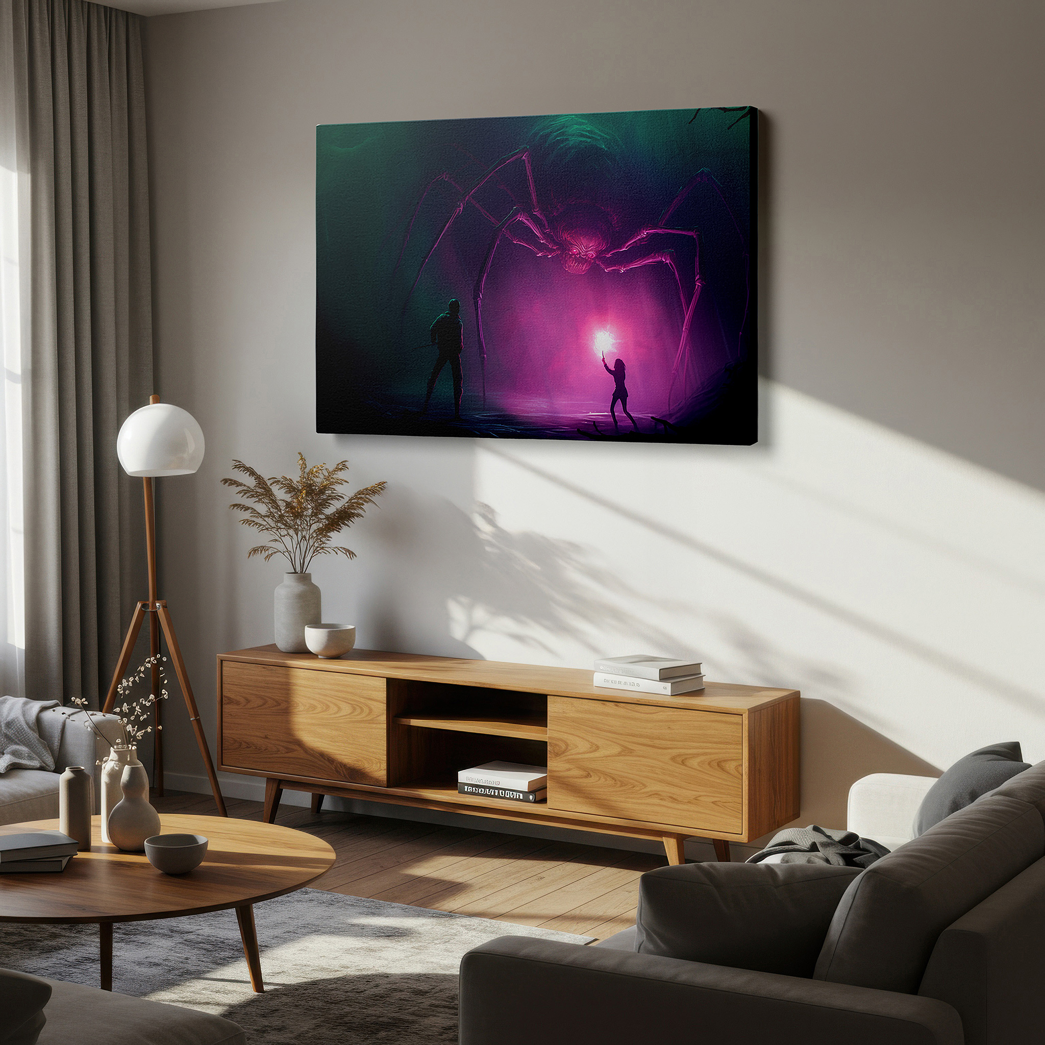 Mounted in a loft-style interior with exposed brick walls — wall art: epic confrontation of courage vs. fear in a mystical realm - large canvas wall art for office and bedroom decor