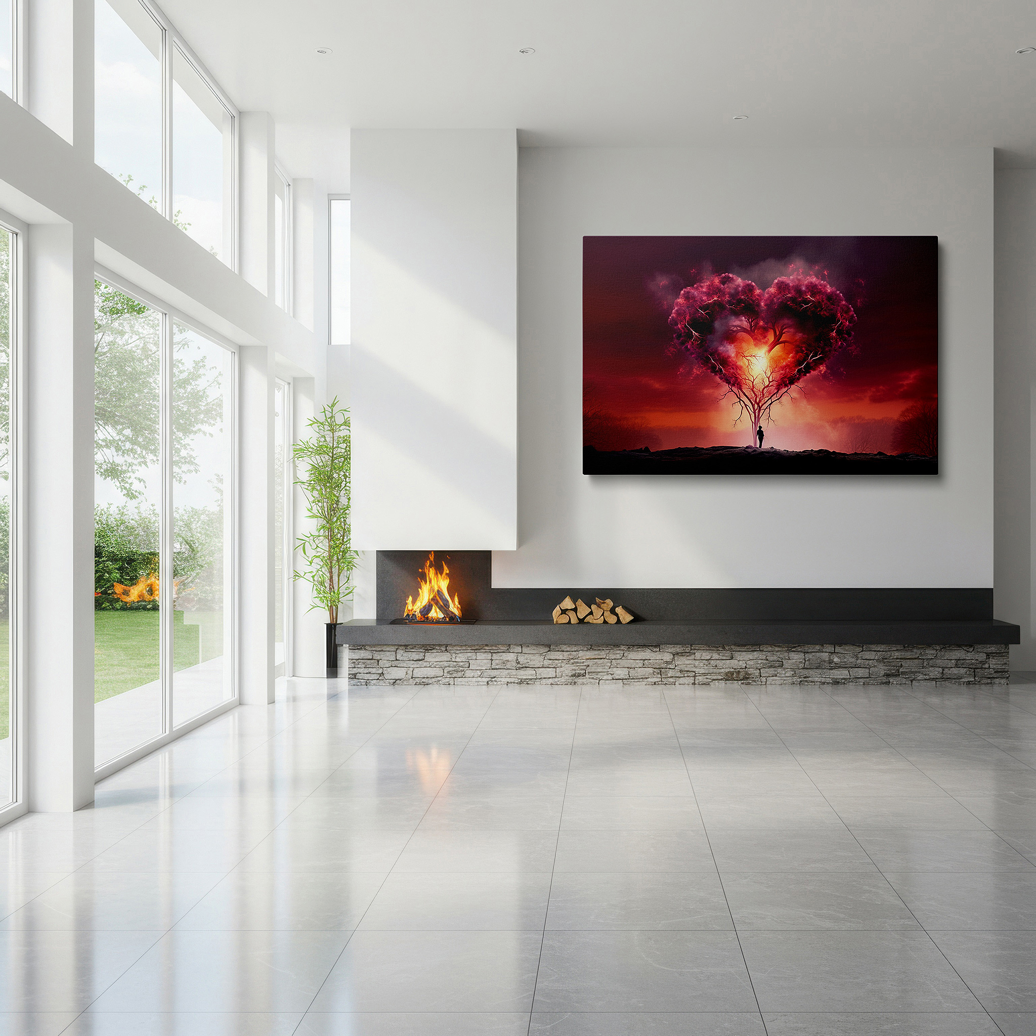 Mounted in a loft-style interior with exposed brick walls — wall art: heart-shaped tree with fiery background - symbolizing the intensity of love and the serenity of nature. large canvas wall art for home and office decor.