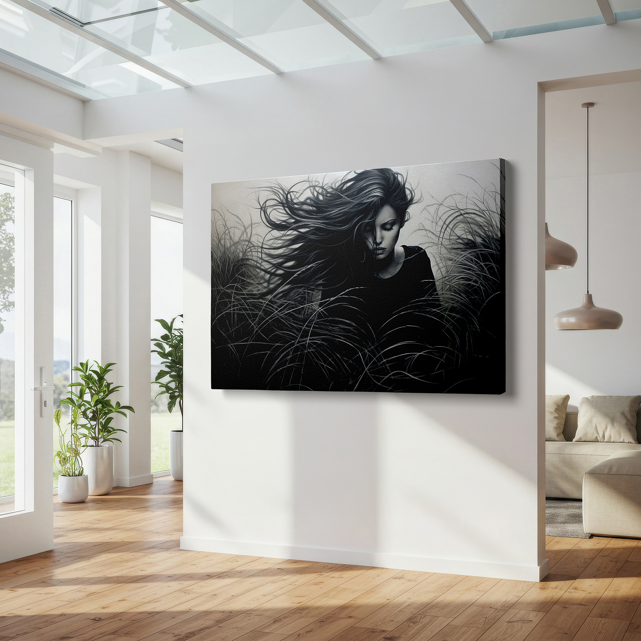 Mounted in a loft-style interior with exposed brick walls — wall art: serene black and white image of a thoughtful woman in an expansive meadow - large canvas wall art for home and office decor, perfect for living room and bedroom