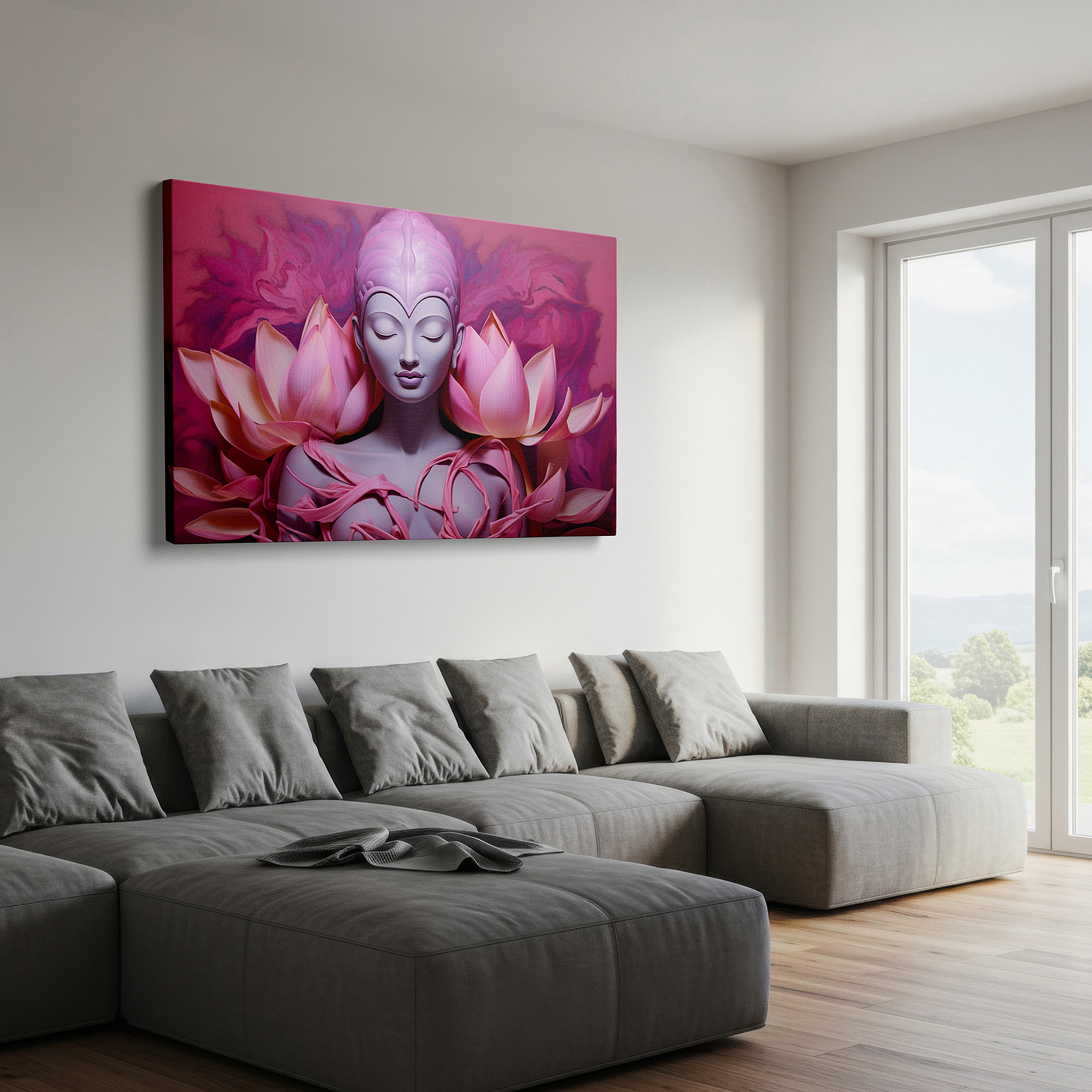 Mounted in a loft-style interior with exposed brick walls — wall art: serene meditative figure surrounded by vibrant lotus petals, representing purity and spiritual enlightenment - large canvas wall art for office decor