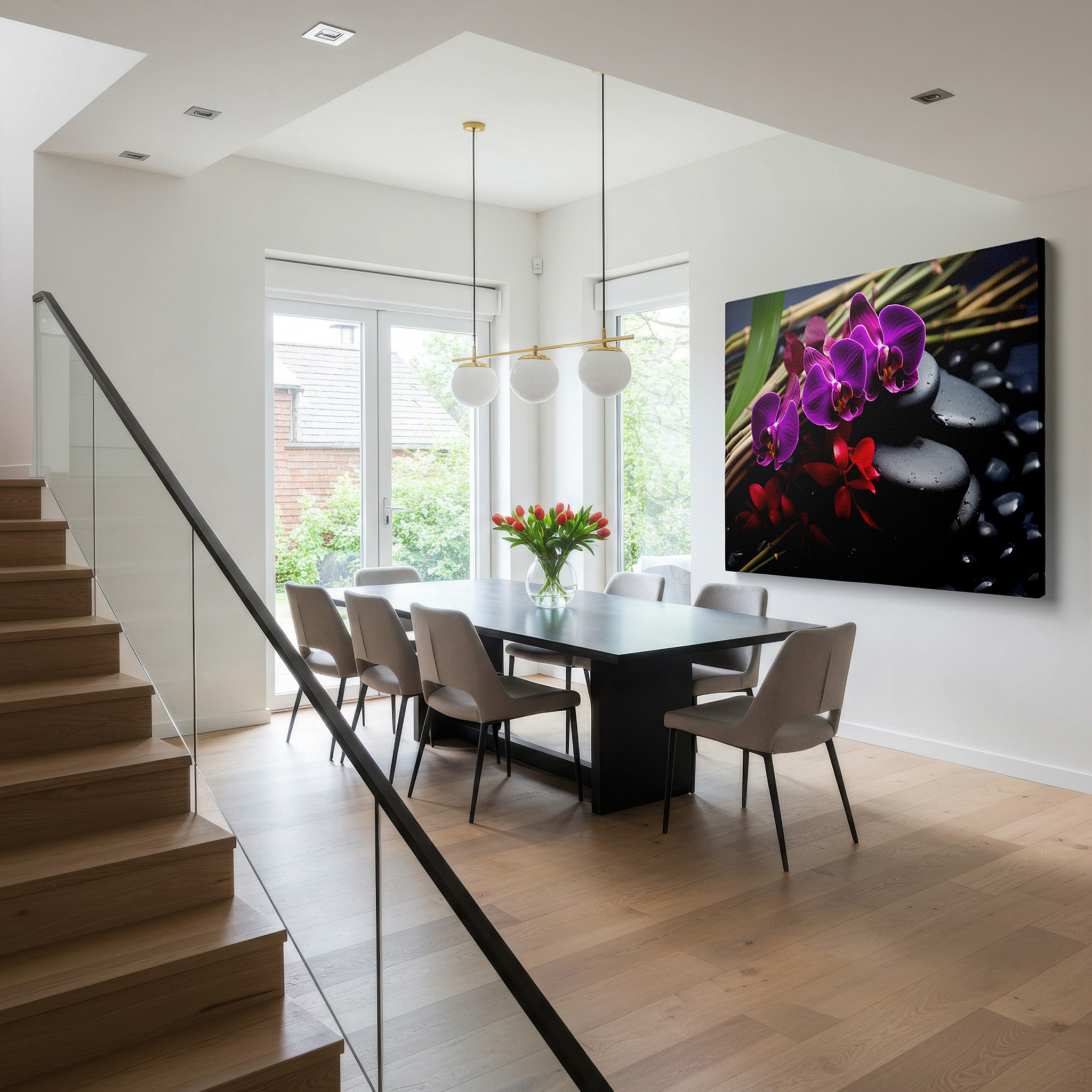 Mounted in a loft-style interior with exposed brick walls — wall art: serene nature scene featuring purple orchids, smooth stones, and slender bamboo - large canvas wall art for office decor