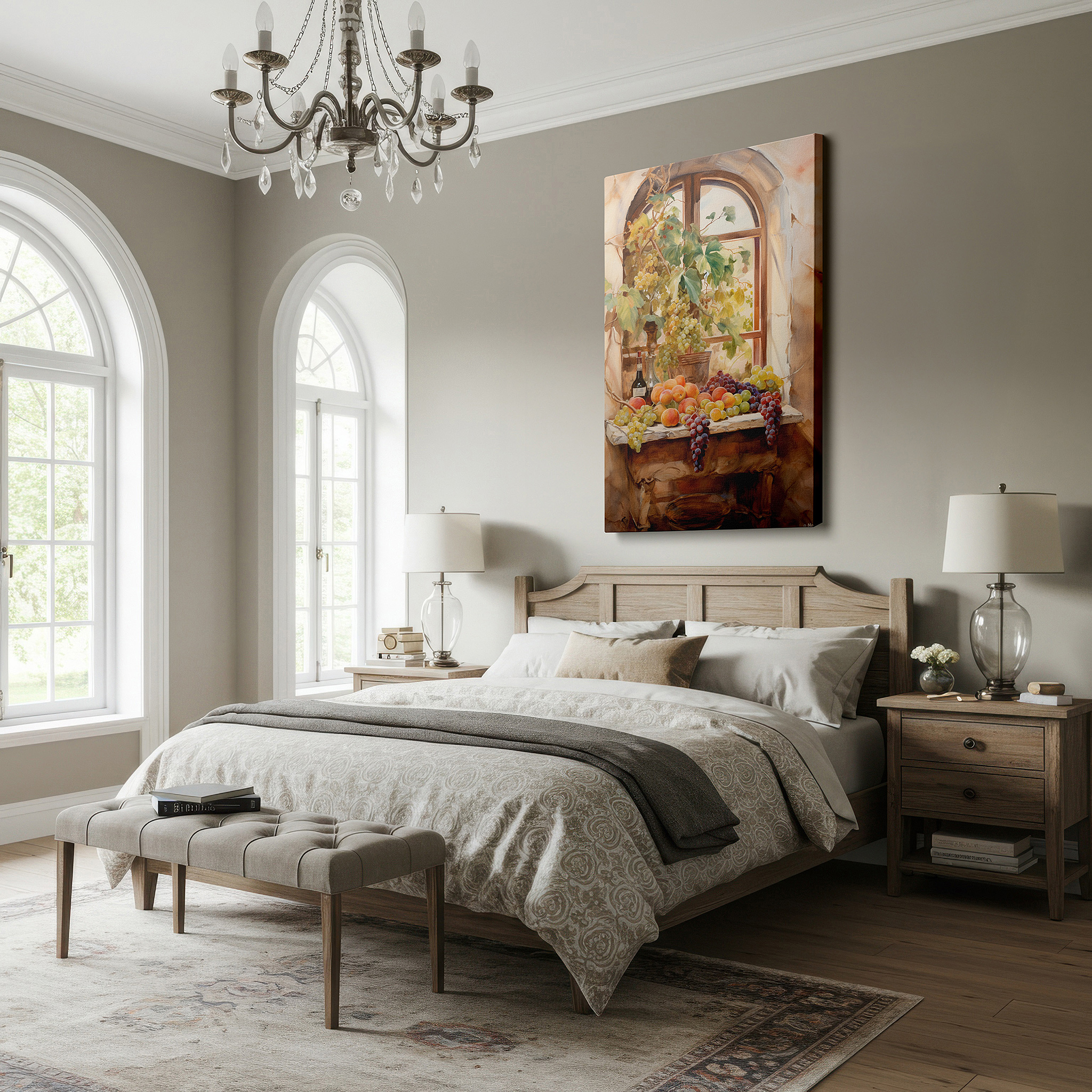 Mounted in a loft-style interior with exposed brick walls — wall art: serene scene with grapes, peaches, and wine by a rustic window - large canvas wall art for office and bedroom decor