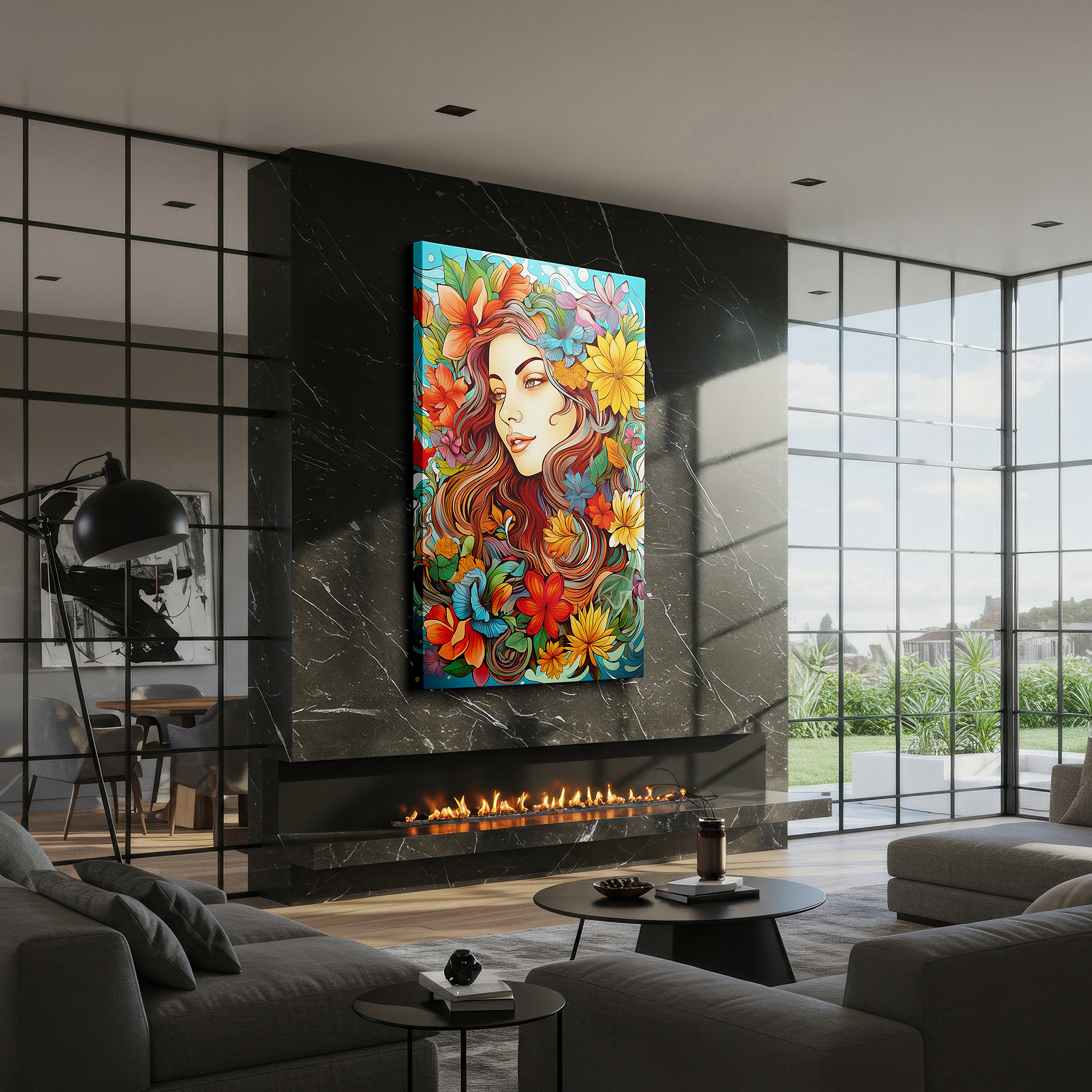 Mounted in a loft-style interior with exposed brick walls — wall art: serene woman surrounded by vibrant flowers, a playful blend of natural beauty and feminine elegance, large canvas wall art for home and office decor