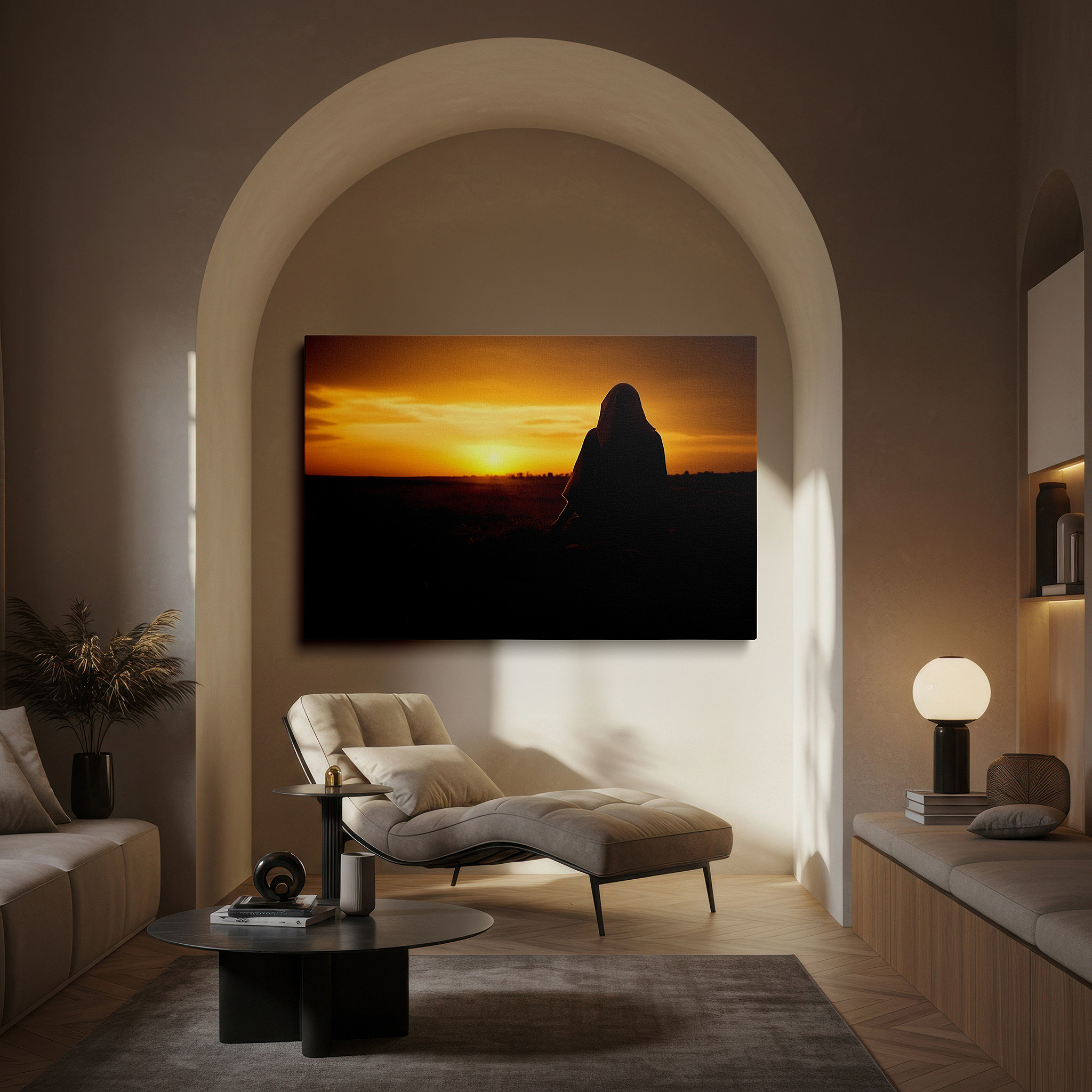 Mounted in a loft-style interior with exposed brick walls — wall art: "silhouette of serenity" - woman in hijab against sunset landscape, large canvas wall art for office and bedroom decor