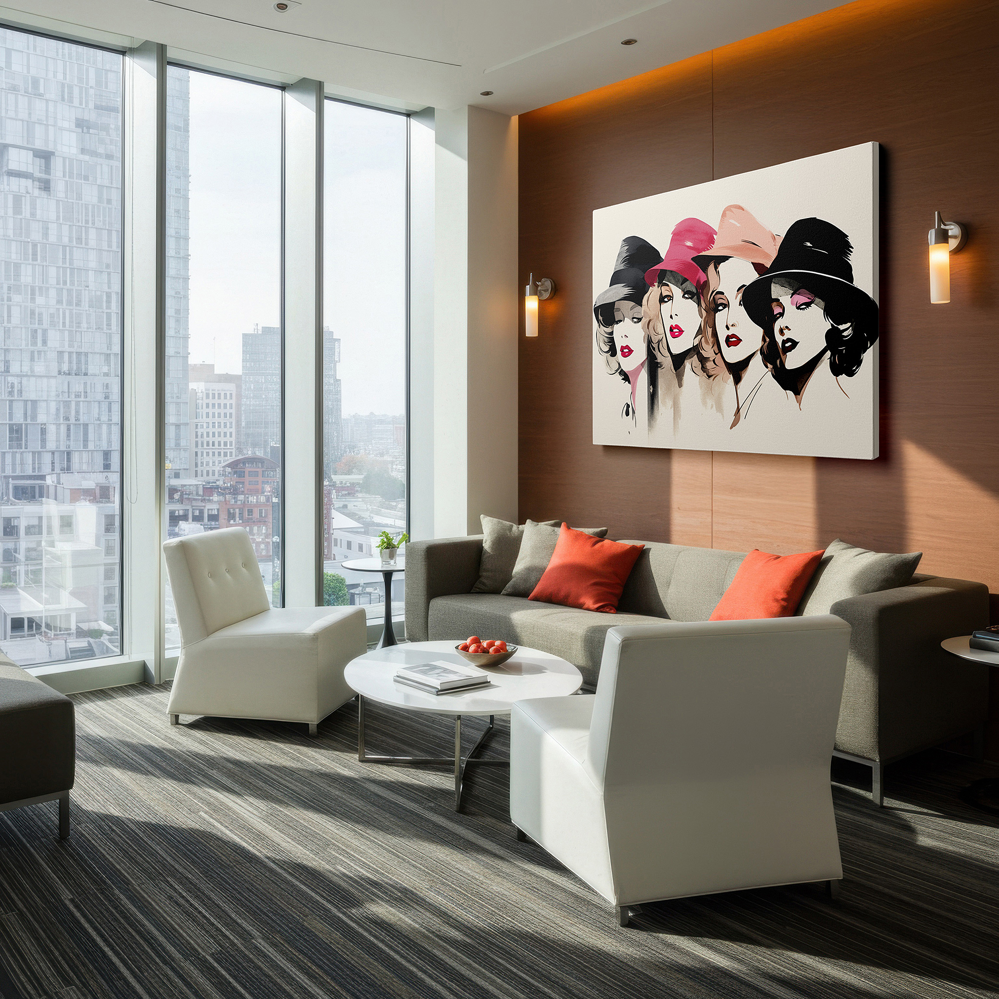 Mounted in a loft-style interior with exposed brick walls — wall decor: elegant early 20th century fashion with four women in unique hats - large canvas art for home and office