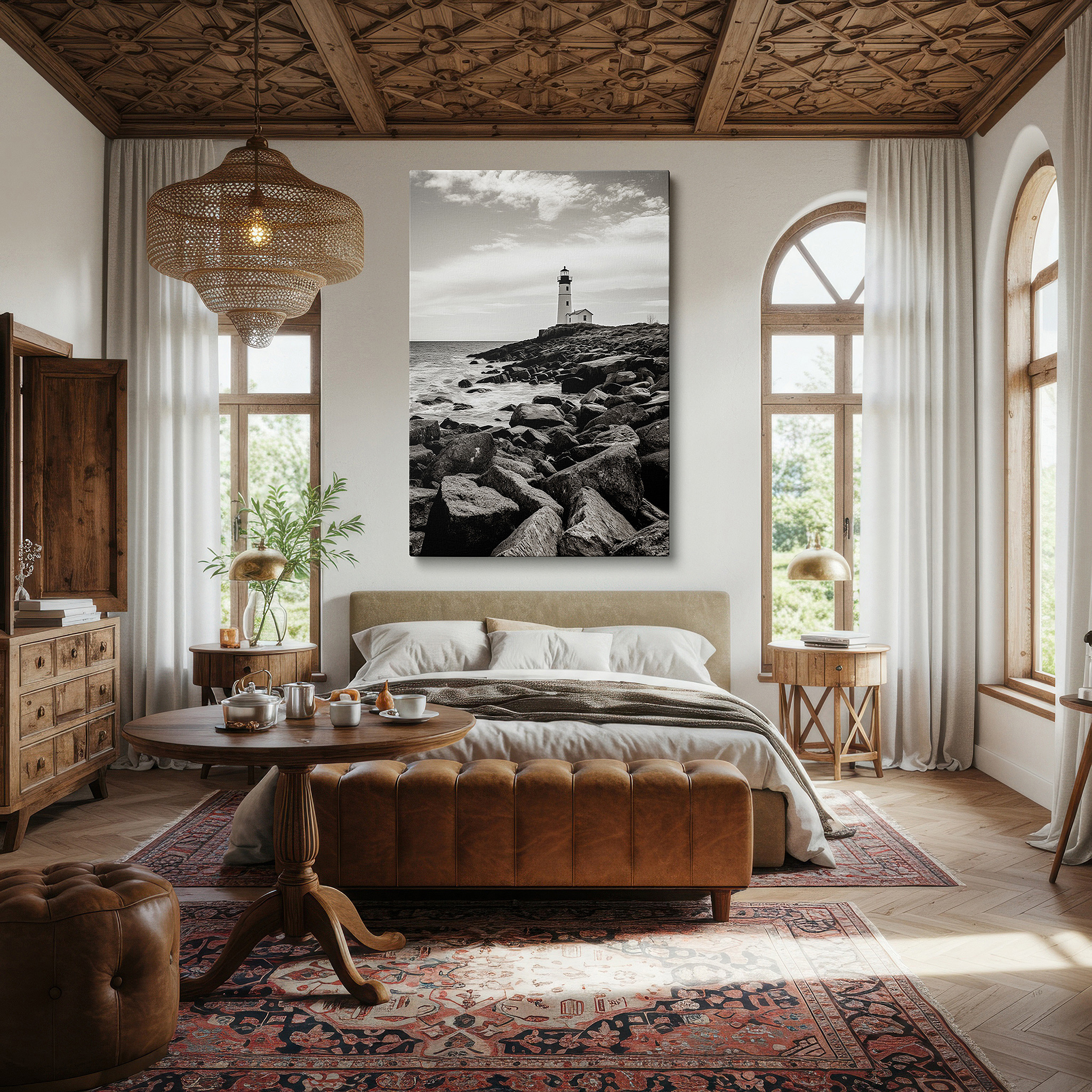 Mounted in a loft-style interior with exposed brick walls — wall decor: majestic lighthouse on rugged coastline - black and white contrast with maritime charm, large canvas wall art for home and office decor