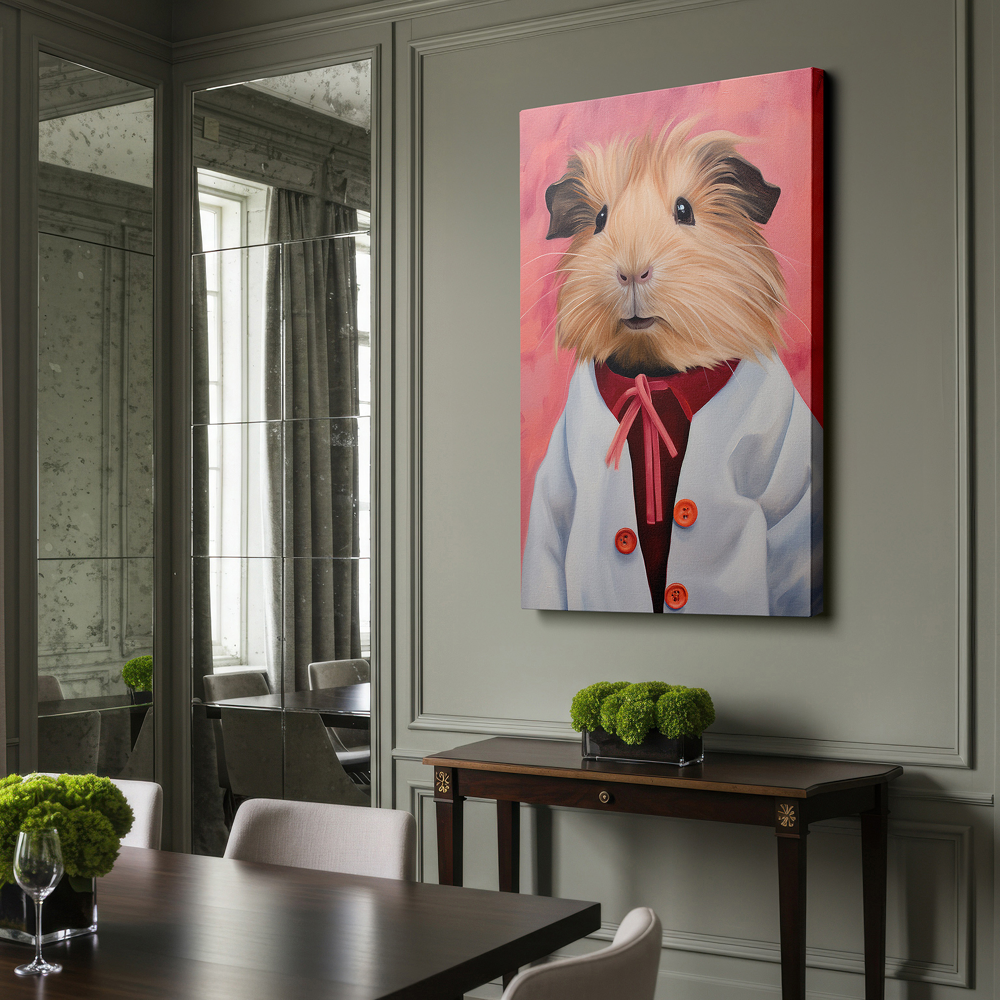Mounted in a loft-style interior with exposed brick walls — whimsical guinea pig in stylish outfit on soft pink background - large canvas wall art for office, bedroom, and living room decor