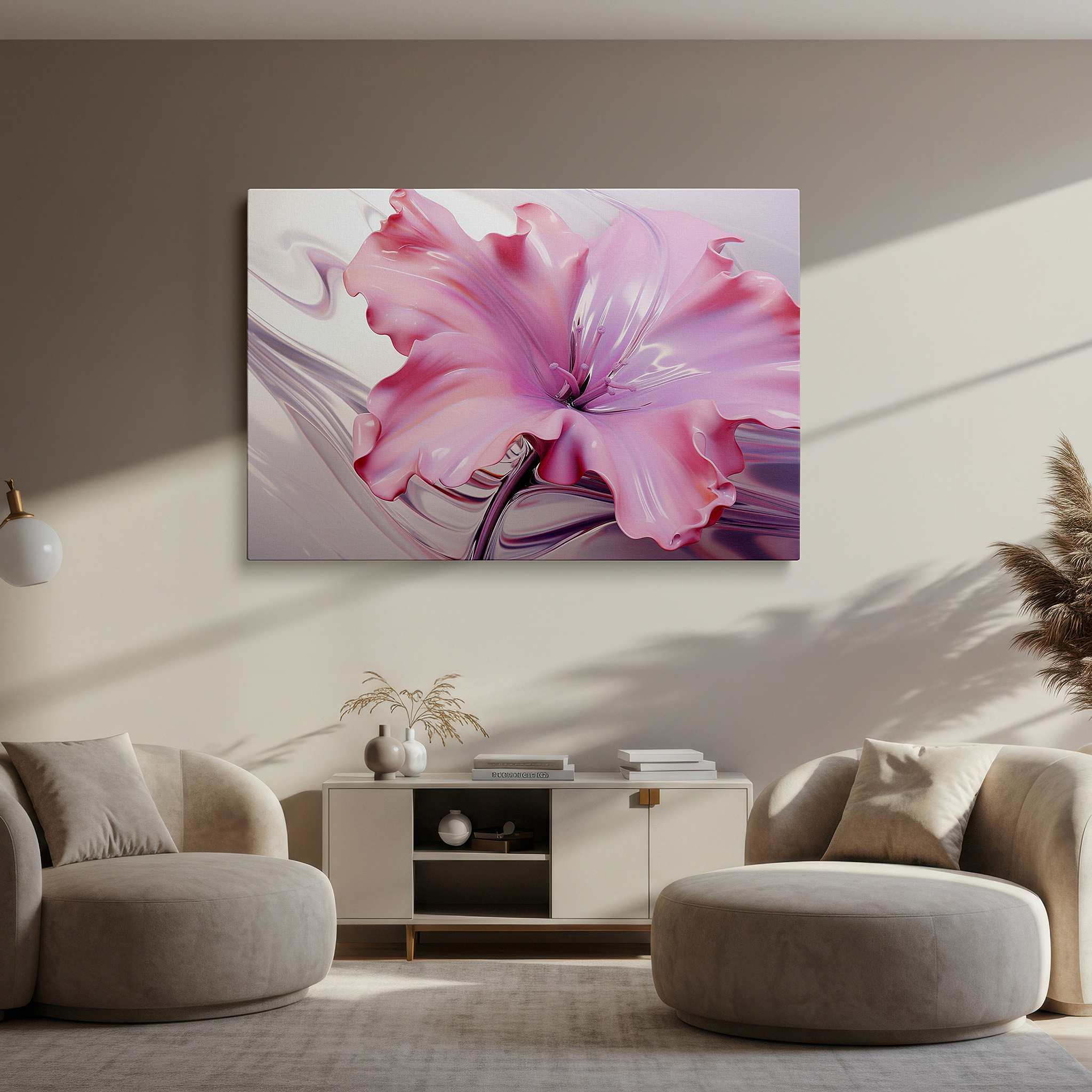 Perfectly sized at 45×30 cm for accenting shelves or narrow walls — 3d pink flower sculpture masterpiece, vibrant nature-inspired glossy finish for modern interiors, large canvas wall art decor