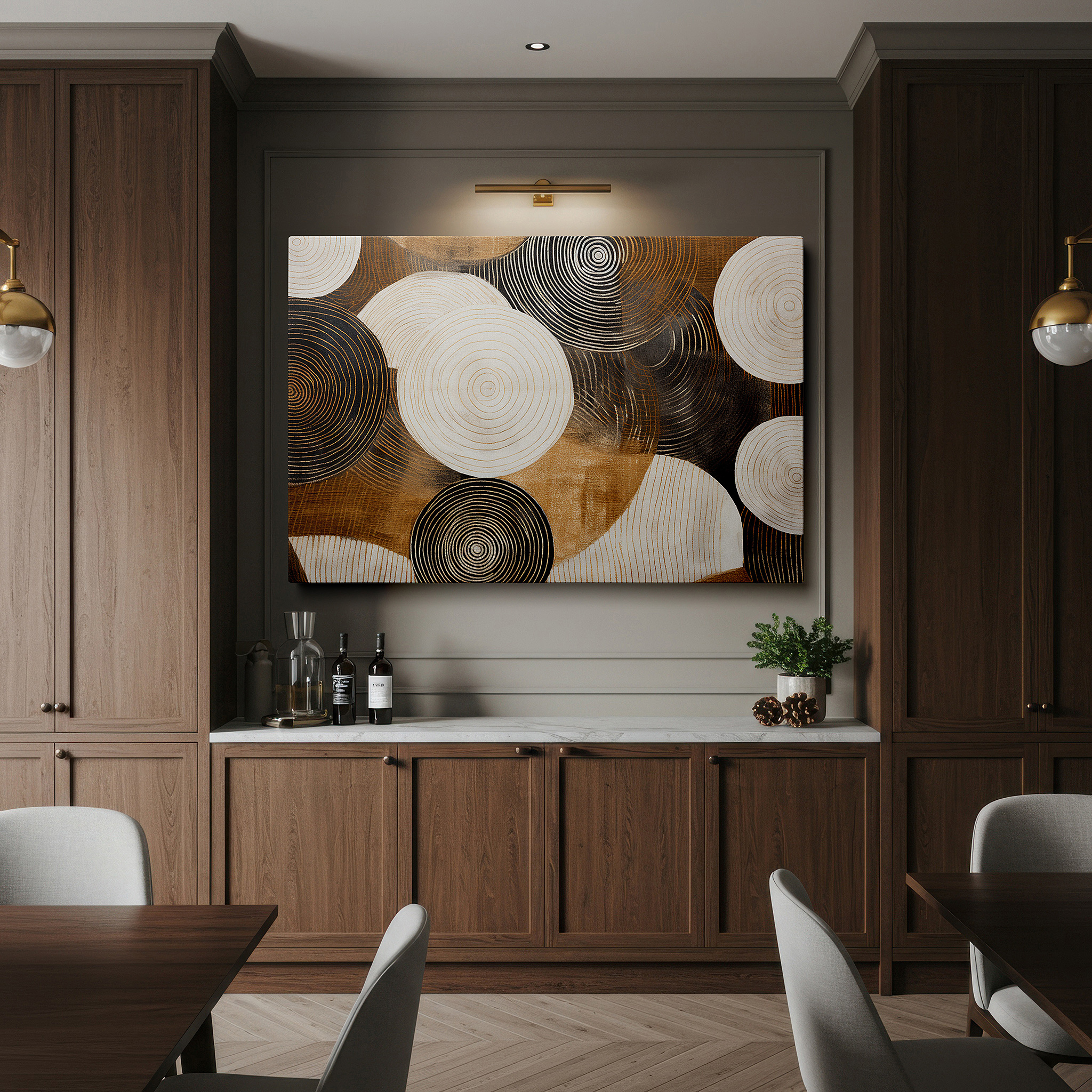 Perfectly sized at 45×30 cm for accenting shelves or narrow walls — abstract elegance in black, white, and gold with circular motifs for a serene visual experience - large wall art, canvas wall art