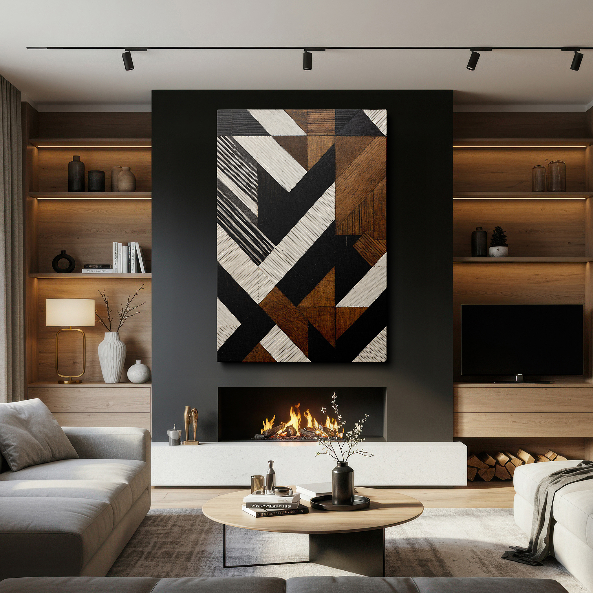 Perfectly sized at 45×30 cm for accenting shelves or narrow walls — abstract geometric shapes in black, white, and brown featuring bold contrasts and textural depth, large canvas wall art decor