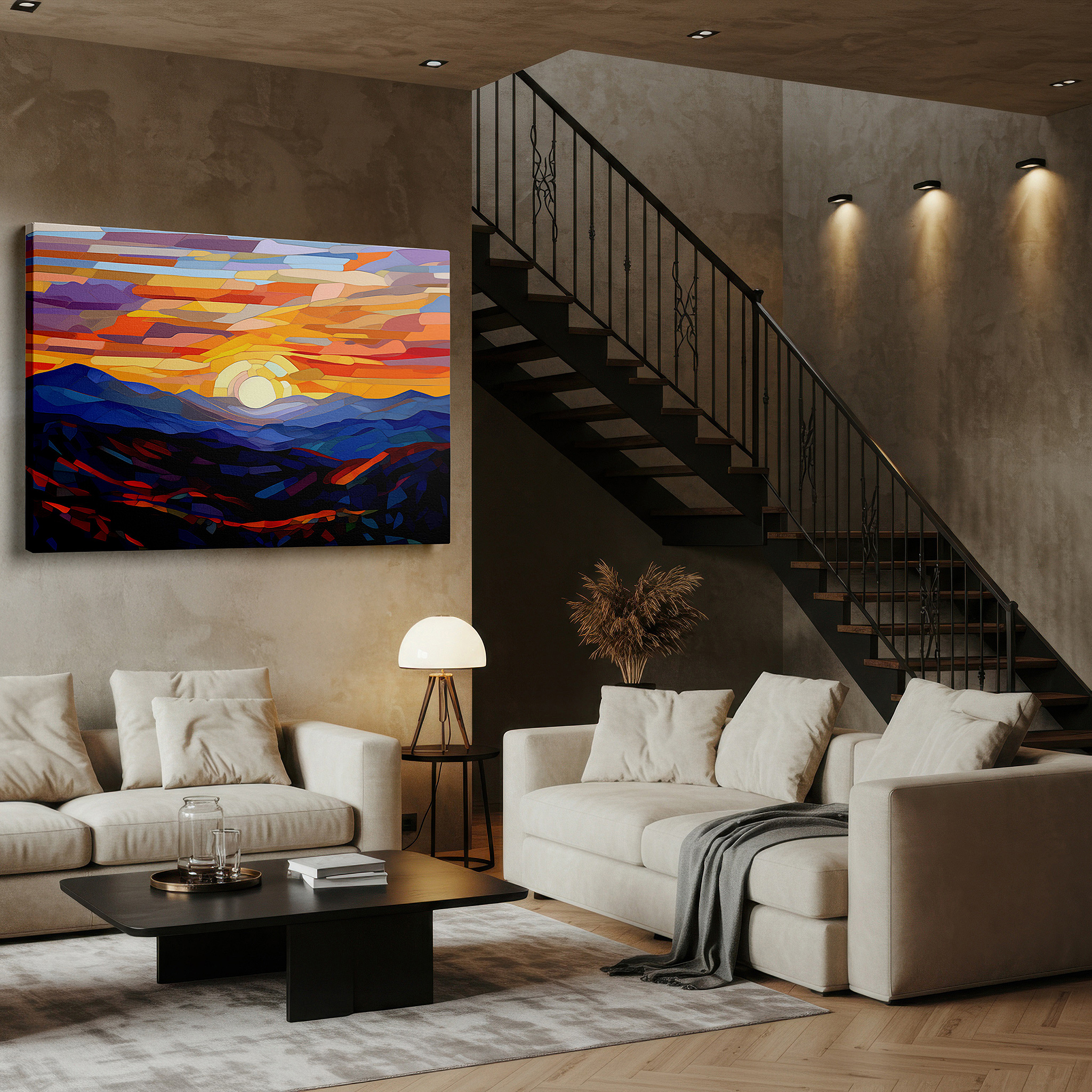 Perfectly sized at 45×30 cm for accenting shelves or narrow walls — abstract mountain sunset large canvas wall art, ideal for office, bedroom, and living room decor