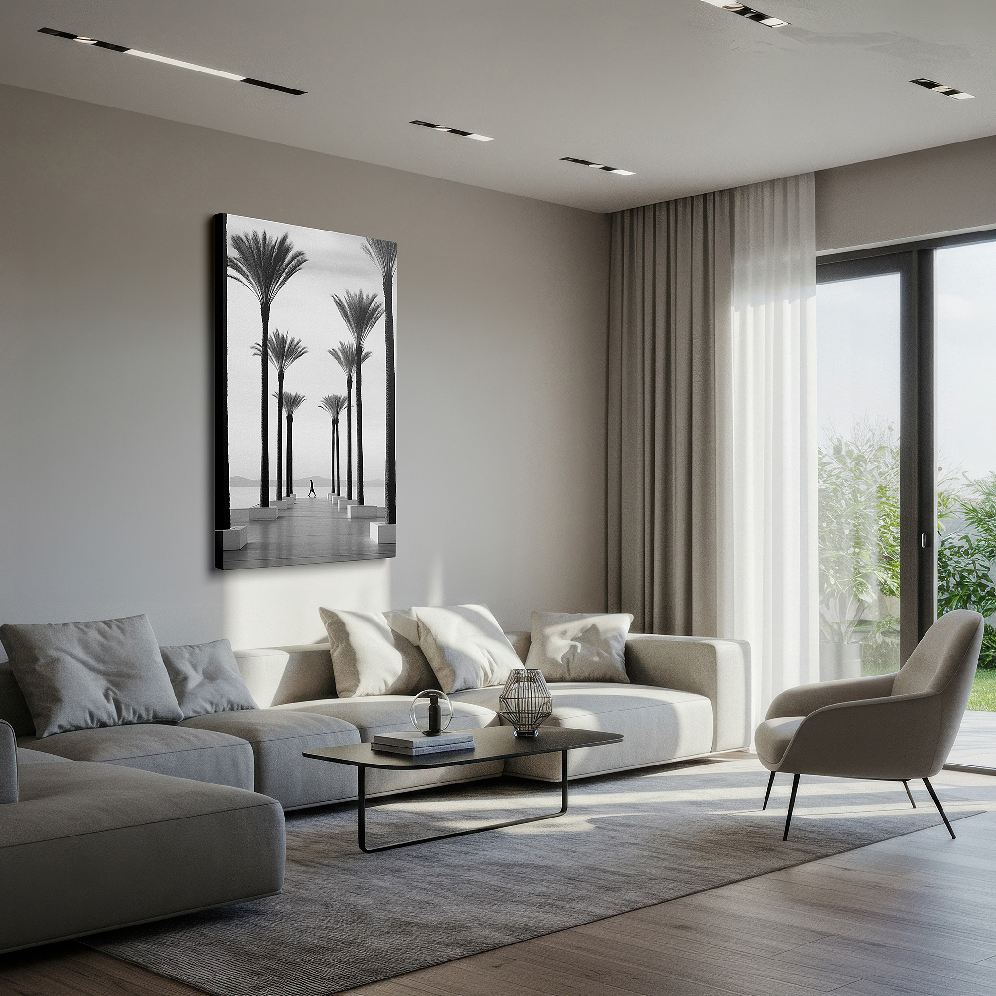 Perfectly sized at 45×30 cm for accenting shelves or narrow walls — coastal pathway wall art: featuring a serene walkway, palm trees, a solitary figure, and a perfect sea-sky horizon - ideal for home or office decor, available as large canvas wall art