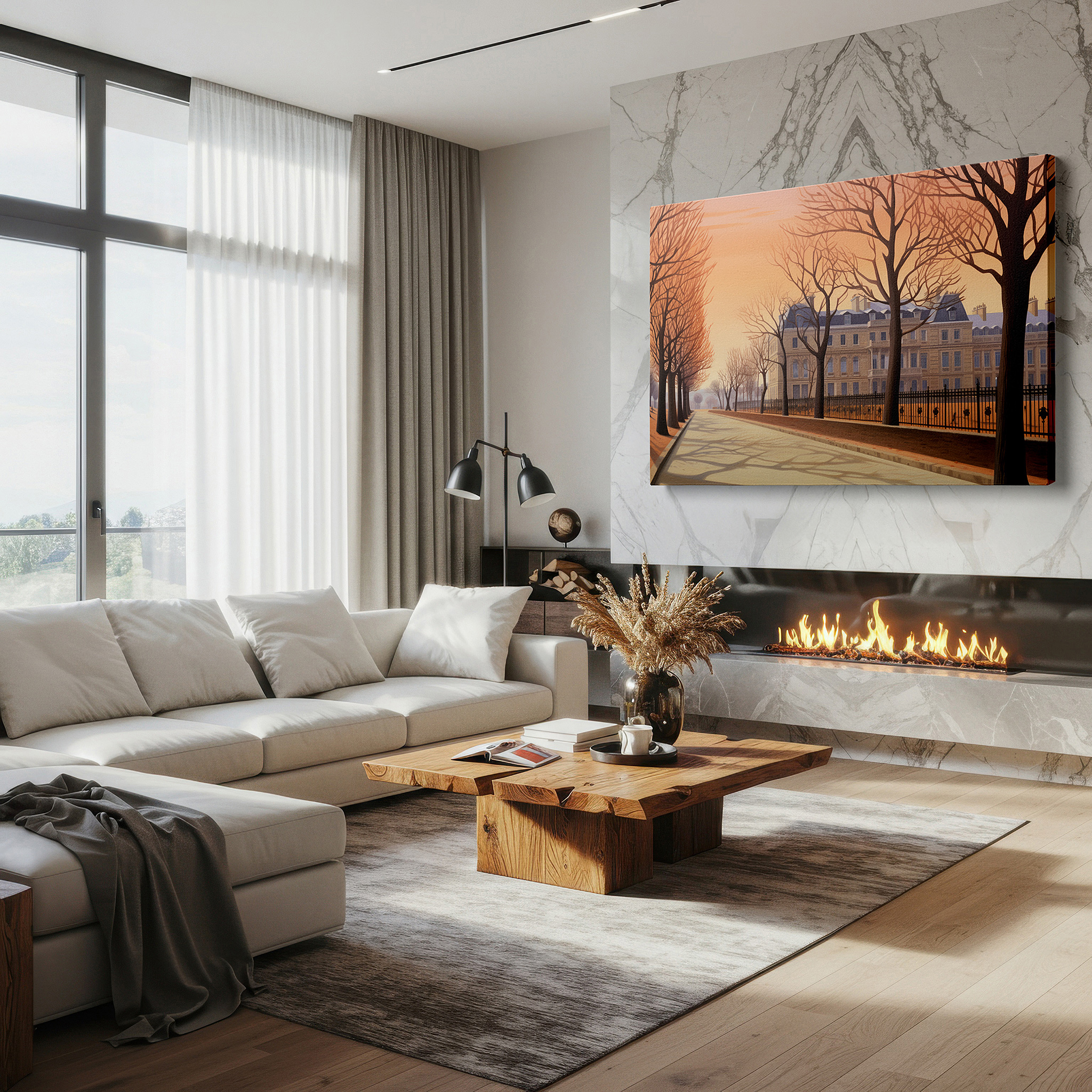 Perfectly sized at 45×30 cm for accenting shelves or narrow walls — dawn's embrace on a parisian avenue: large wall art featuring ornate facades and cobblestone paths, canvas wall art for office decor