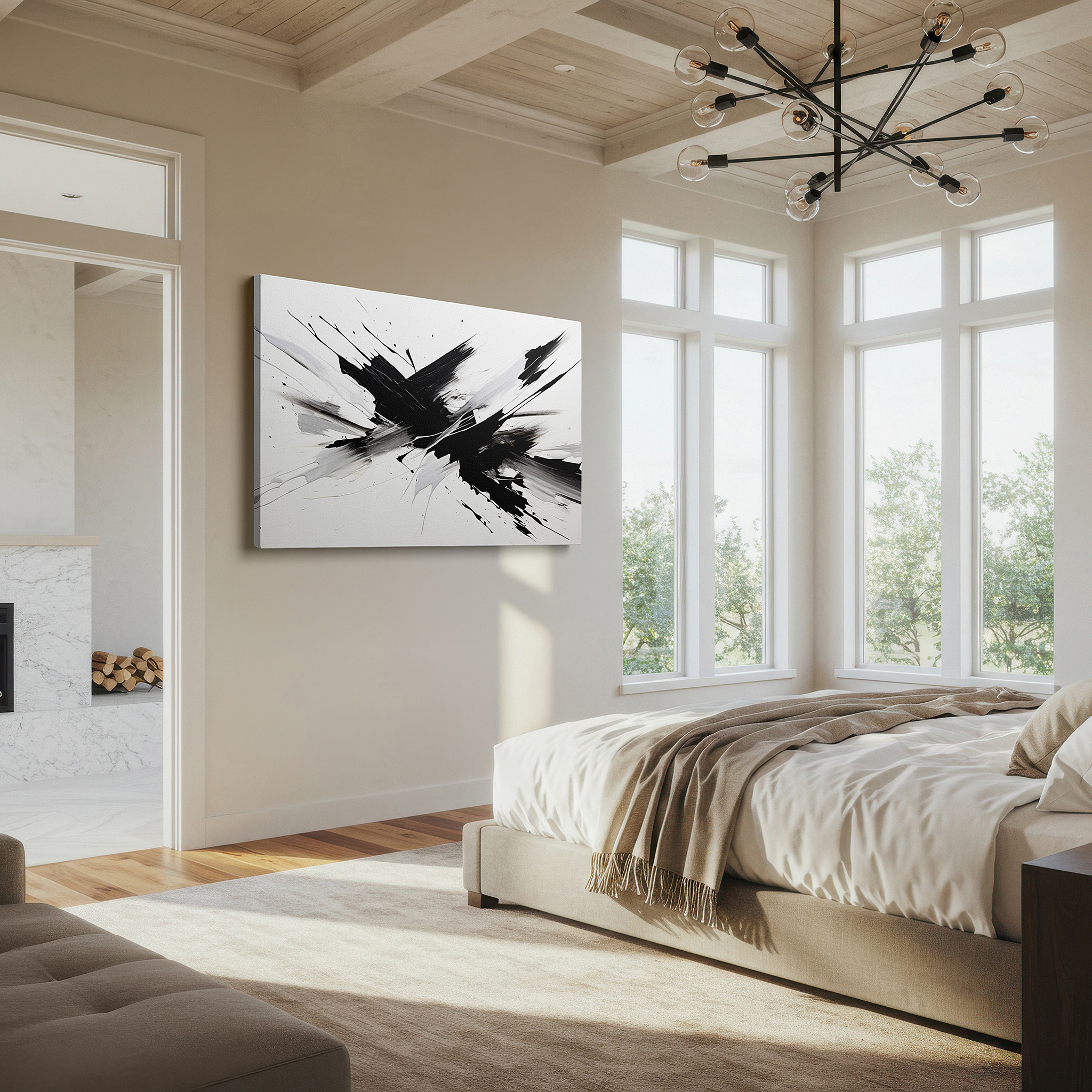 Perfectly sized at 45×30 cm for accenting shelves or narrow walls — dynamic black and white abstract expressionism artwork, embodying emotional turmoil and motion, ideal for large wall decor, canvas art for home and office