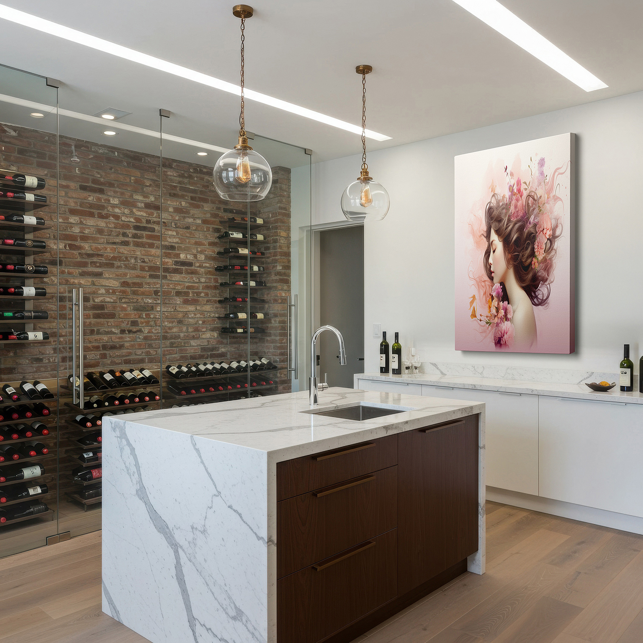 Perfectly sized at 45×30 cm for accenting shelves or narrow walls — elegant femininity and organic beauty in soft pastels, tranquil portrait with flower crown, large canvas wall art for home or office decor