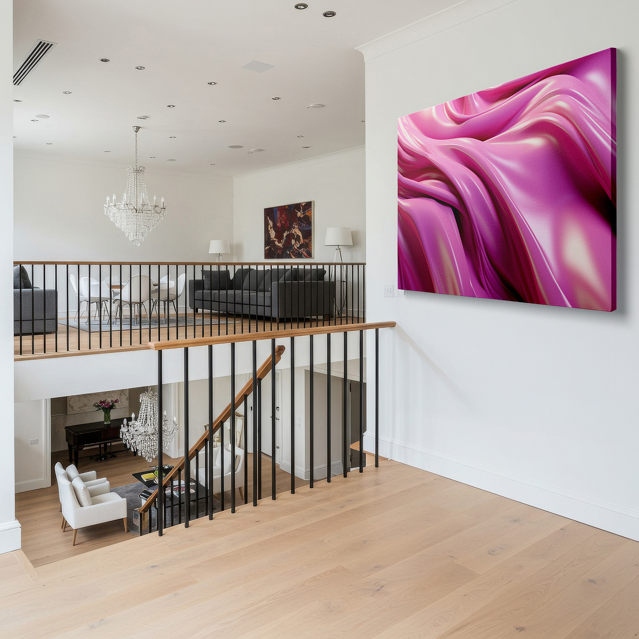 Perfectly sized at 45×30 cm for accenting shelves or narrow walls — elegant pink satin in luxurious flow: a masterpiece of textile art, perfect for large wall decor, canvas art, and office walls