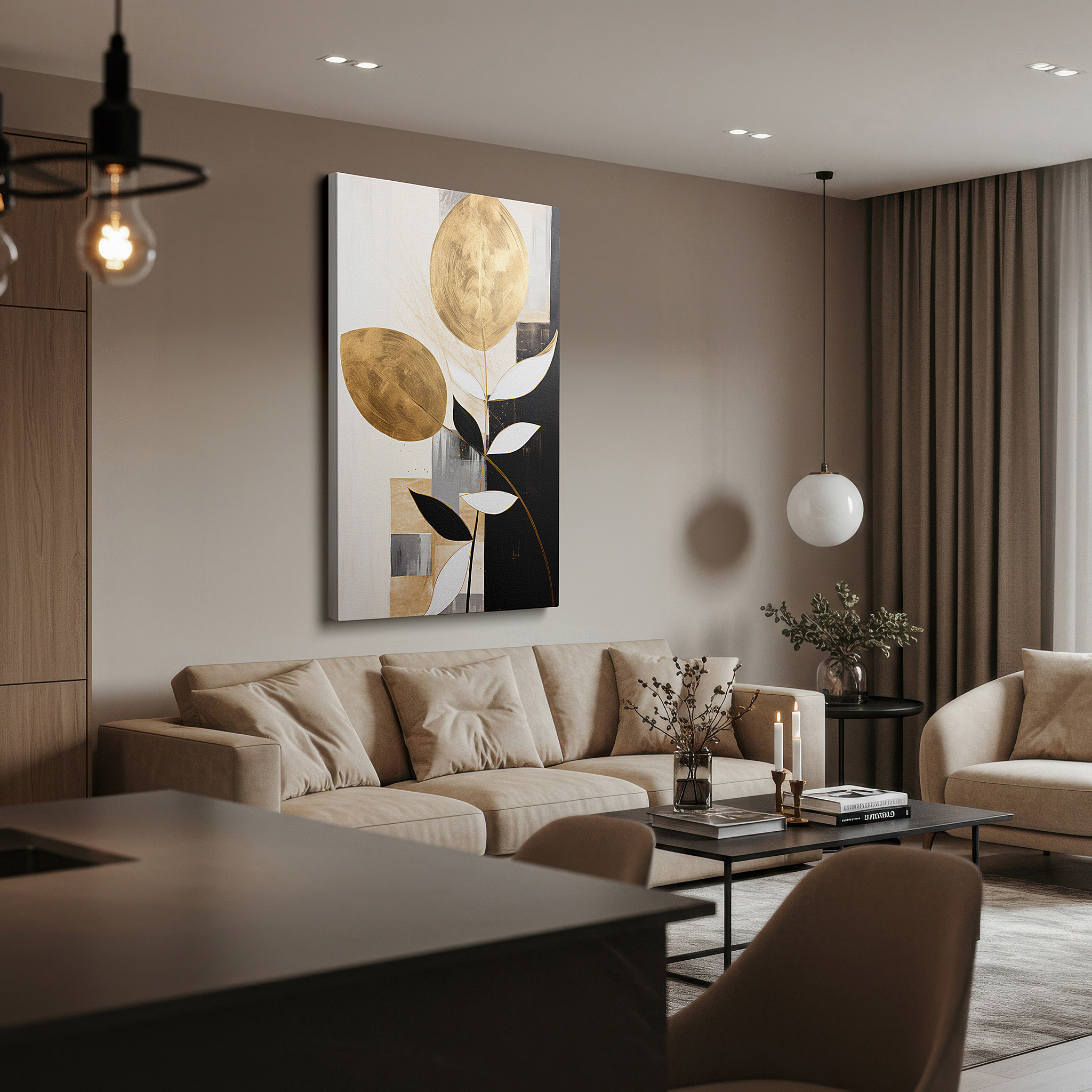 Perfectly sized at 45×30 cm for accenting shelves or narrow walls — elegant wall art featuring golden leaves and geometric designs on a black and white background, large canvas wall art for home and office decor