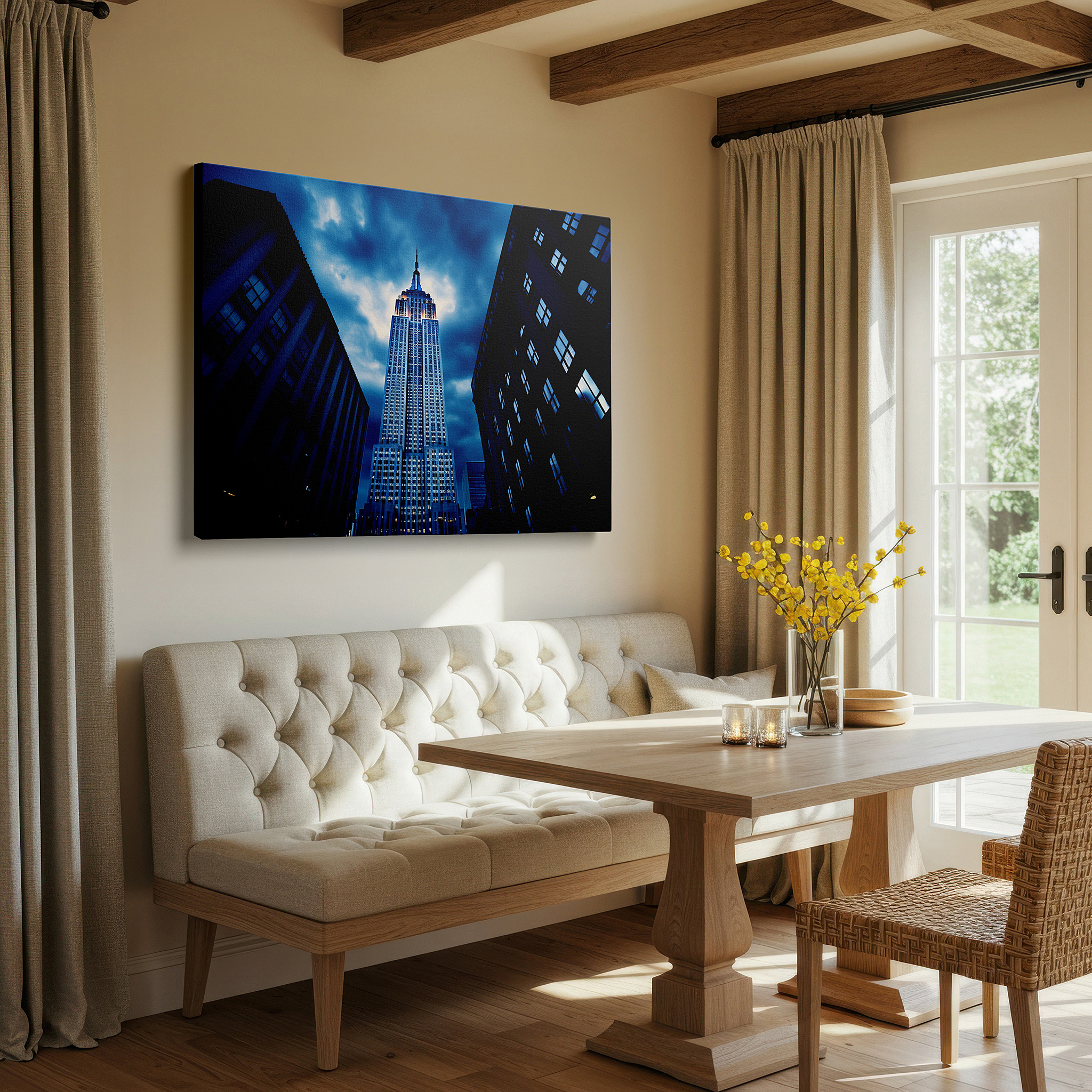 Perfectly sized at 45×30 cm for accenting shelves or narrow walls — empire state building against a dramatic night sky: a tribute to new york's architectural grandeur and ambitious essence - large canvas wall art
