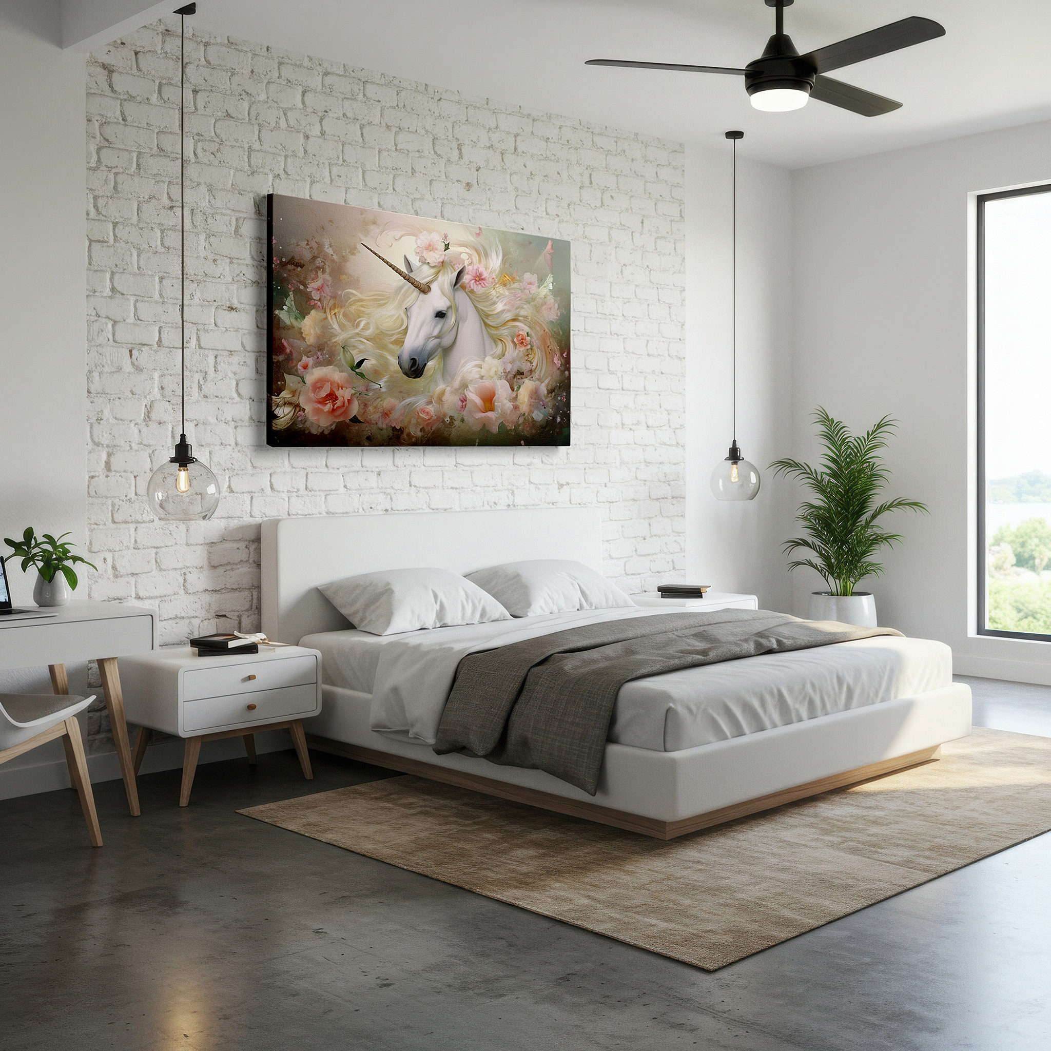 Perfectly sized at 45×30 cm for accenting shelves or narrow walls — enchanted unicorn in a blossoming garden: a whimsical fantasy vision - large wall art, canvas decor for office and bedroom