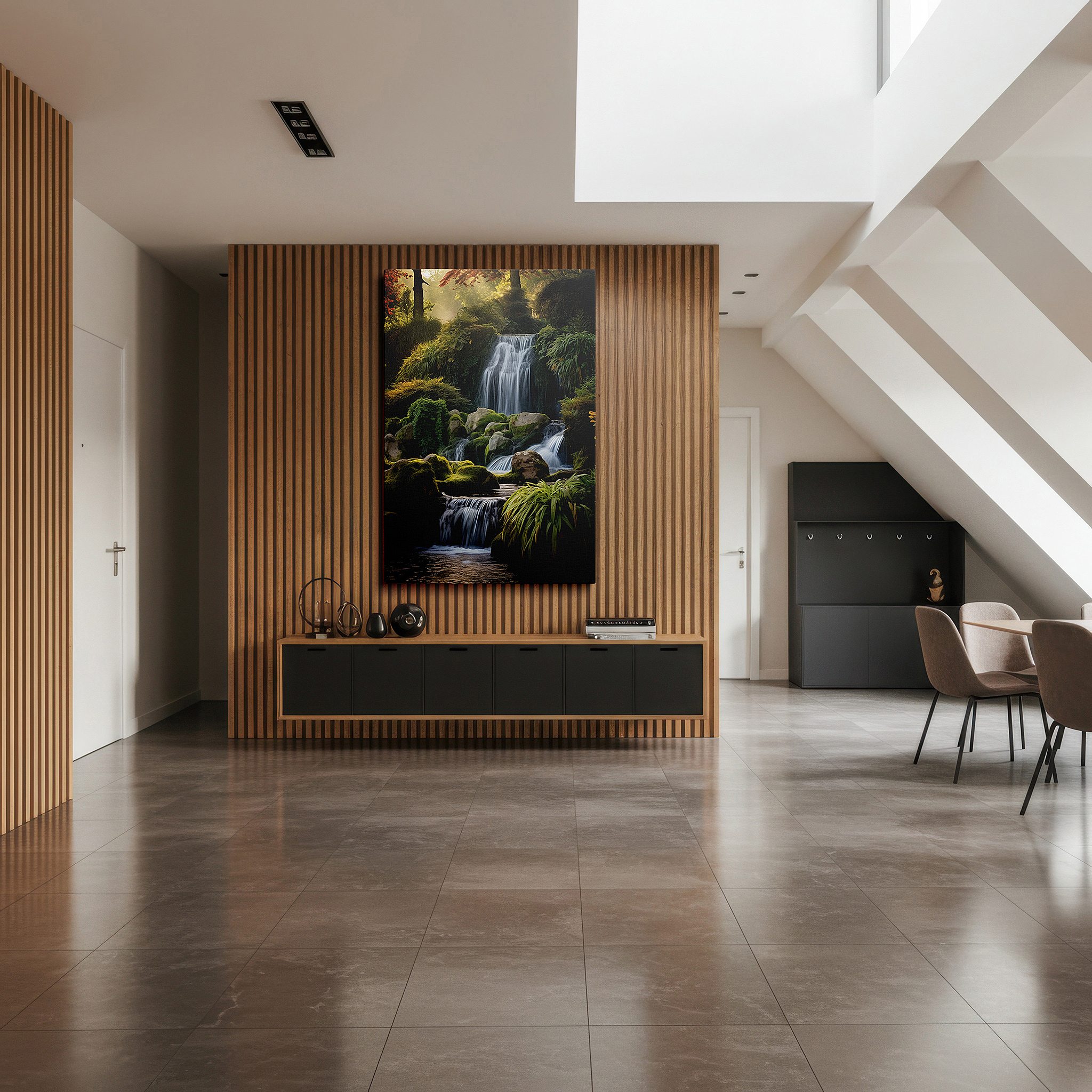 Perfectly sized at 45×30 cm for accenting shelves or narrow walls — enchanted waterfall oasis wall art: large canvas featuring moss-covered rocks and tranquil pool, ideal for office and bedroom decor