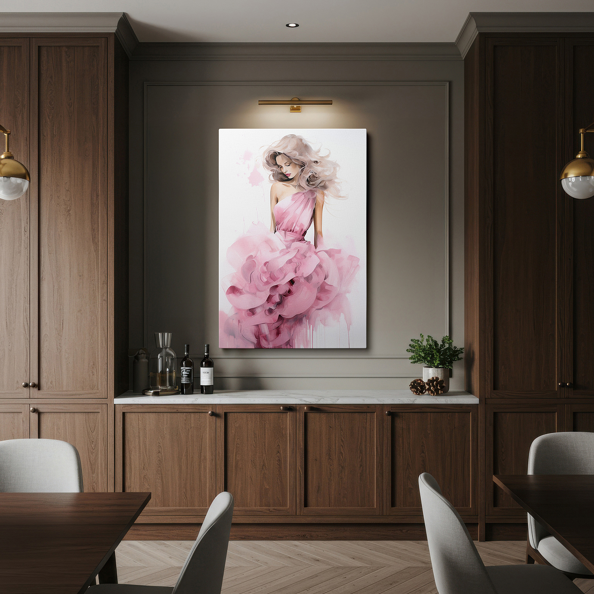 Perfectly sized at 45×30 cm for accenting shelves or narrow walls — enchanting muse in pink: celebrating femininity and modern fashion with abstract expressionist large canvas wall art decor