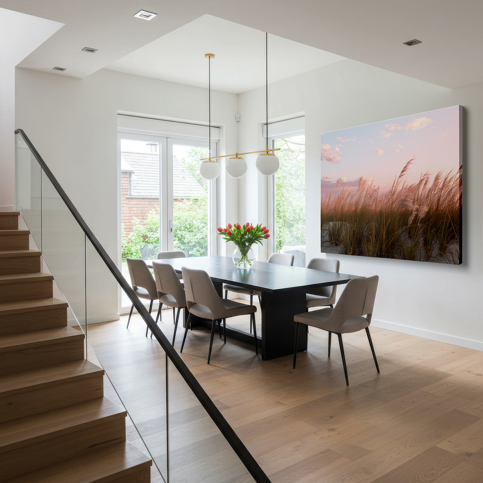 Perfectly sized at 45×30 cm for accenting shelves or narrow walls — evening serenity by the shore: pink sunset and swaying dune grass large wall art, canvas wall art, wall decor for office and bedroom