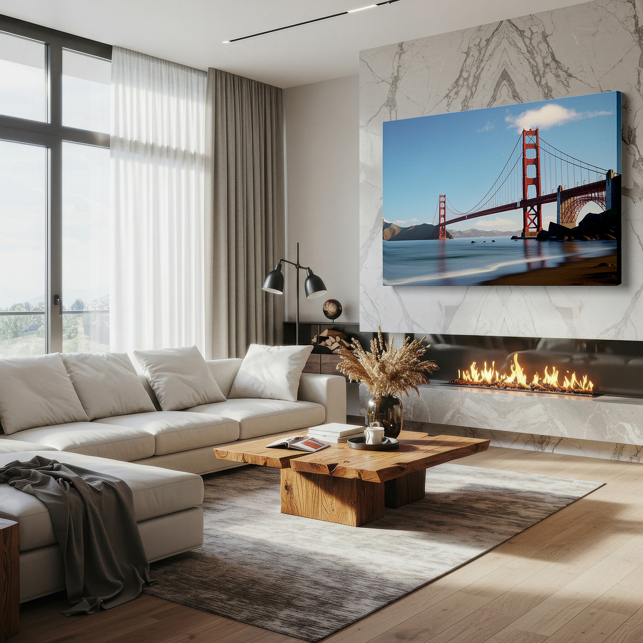 Perfectly sized at 45×30 cm for accenting shelves or narrow walls — golden gate bridge - a majestic blend of engineering and natural beauty, large canvas wall art for home and office decor
