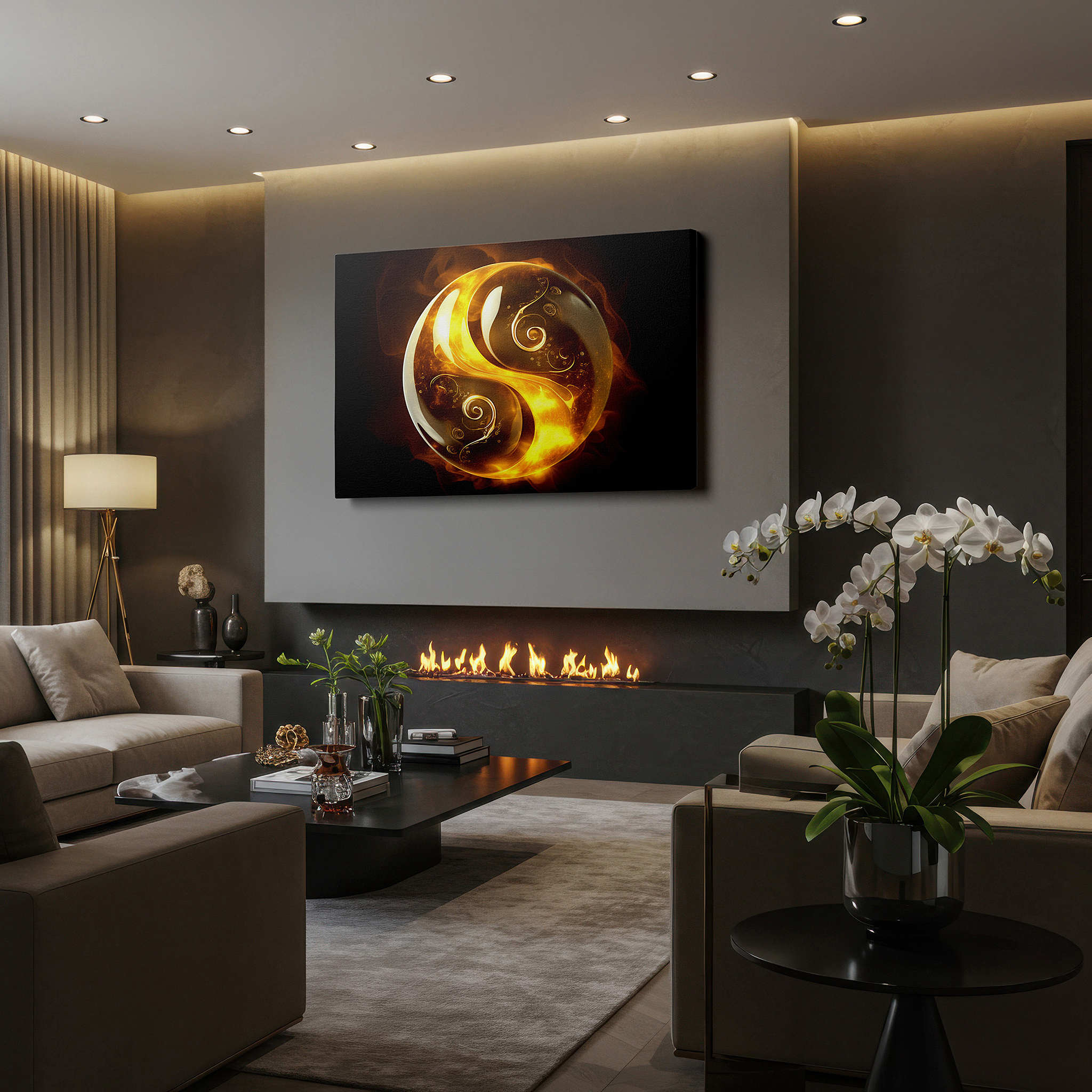 Perfectly sized at 45×30 cm for accenting shelves or narrow walls — golden orb wall art: featuring intricate spirals, this abstract canvas exudes warmth and energy, perfect for home or office decor.