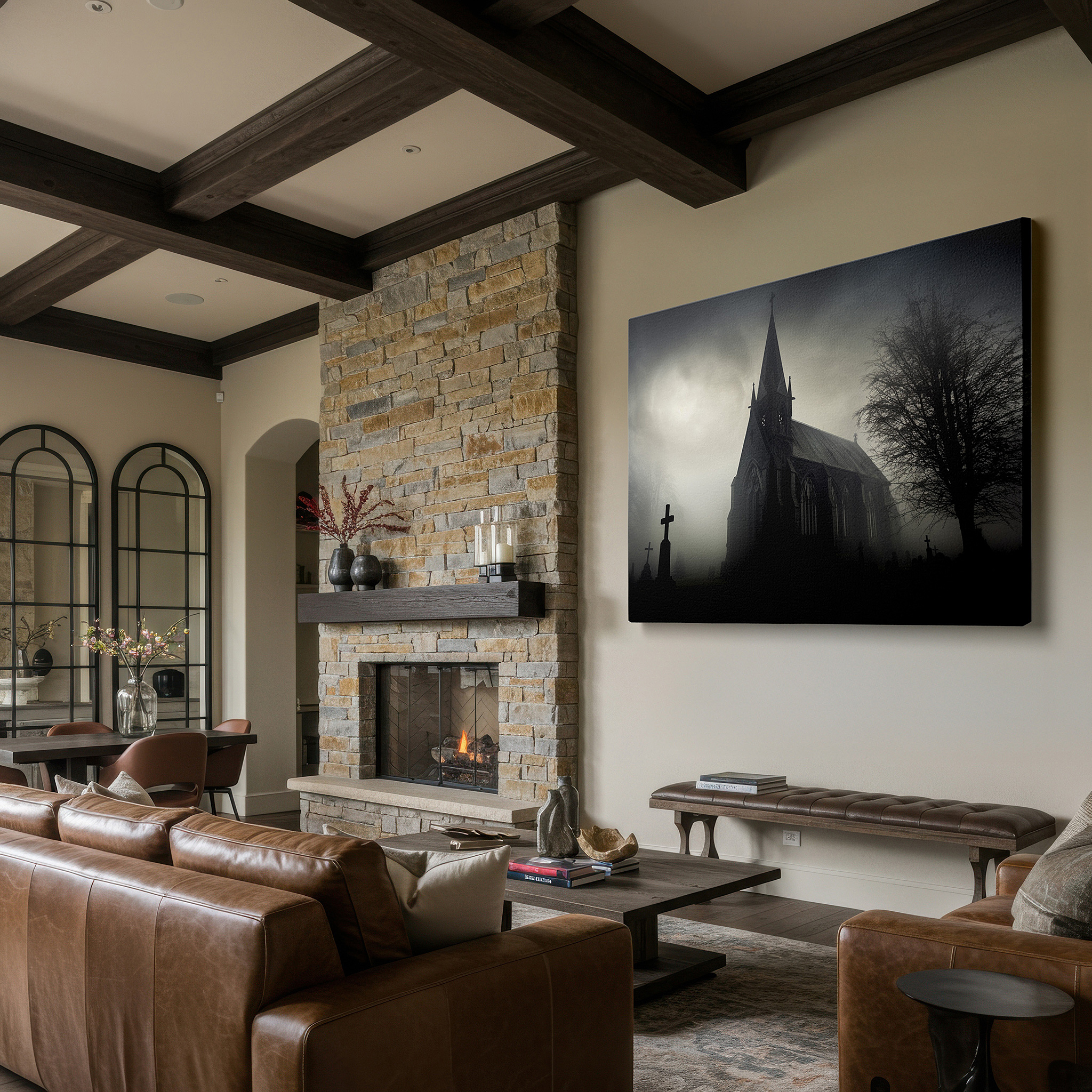 Perfectly sized at 45×30 cm for accenting shelves or narrow walls — gothic church at twilight: shadows and light dance in foggy graveyard - large canvas wall art for home and office decor