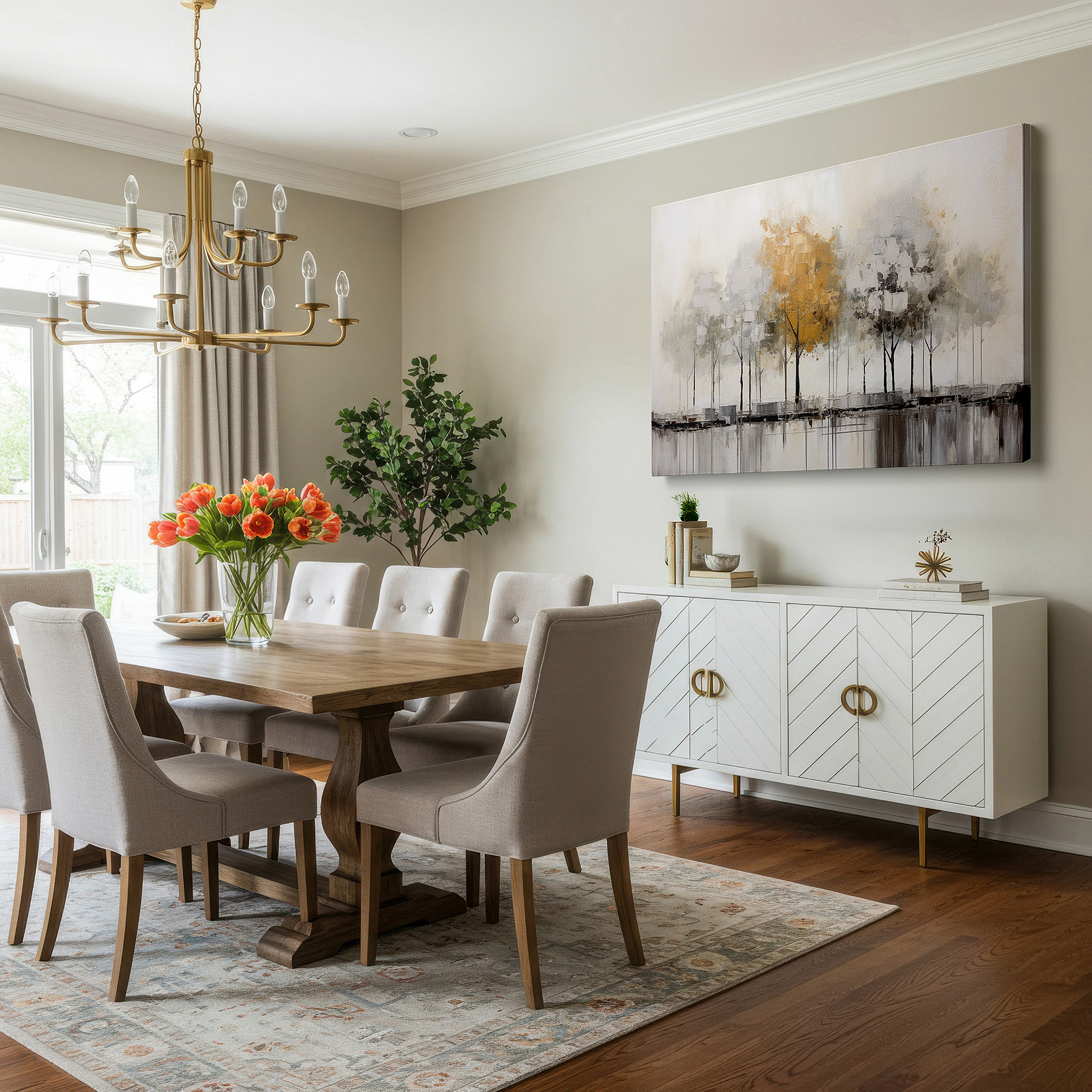 Perfectly sized at 45×30 cm for accenting shelves or narrow walls — gray stylized trees with gold splashes exude serenity and tranquility - large canvas wall art for office decor