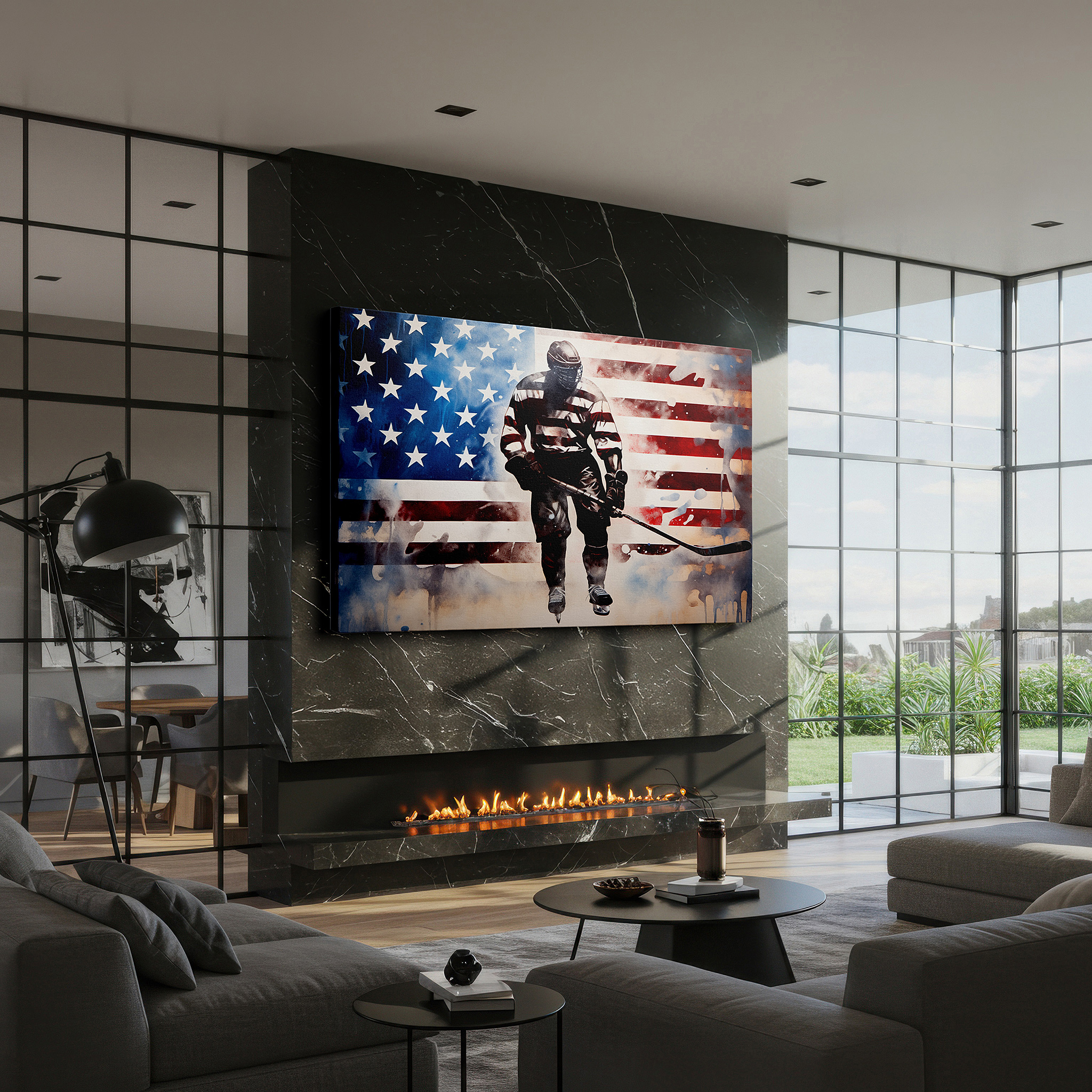 Perfectly sized at 45×30 cm for accenting shelves or narrow walls — hockey player with american flag - celebrating sport and patriotism large wall art, canvas wall art, wall decor, office wall art