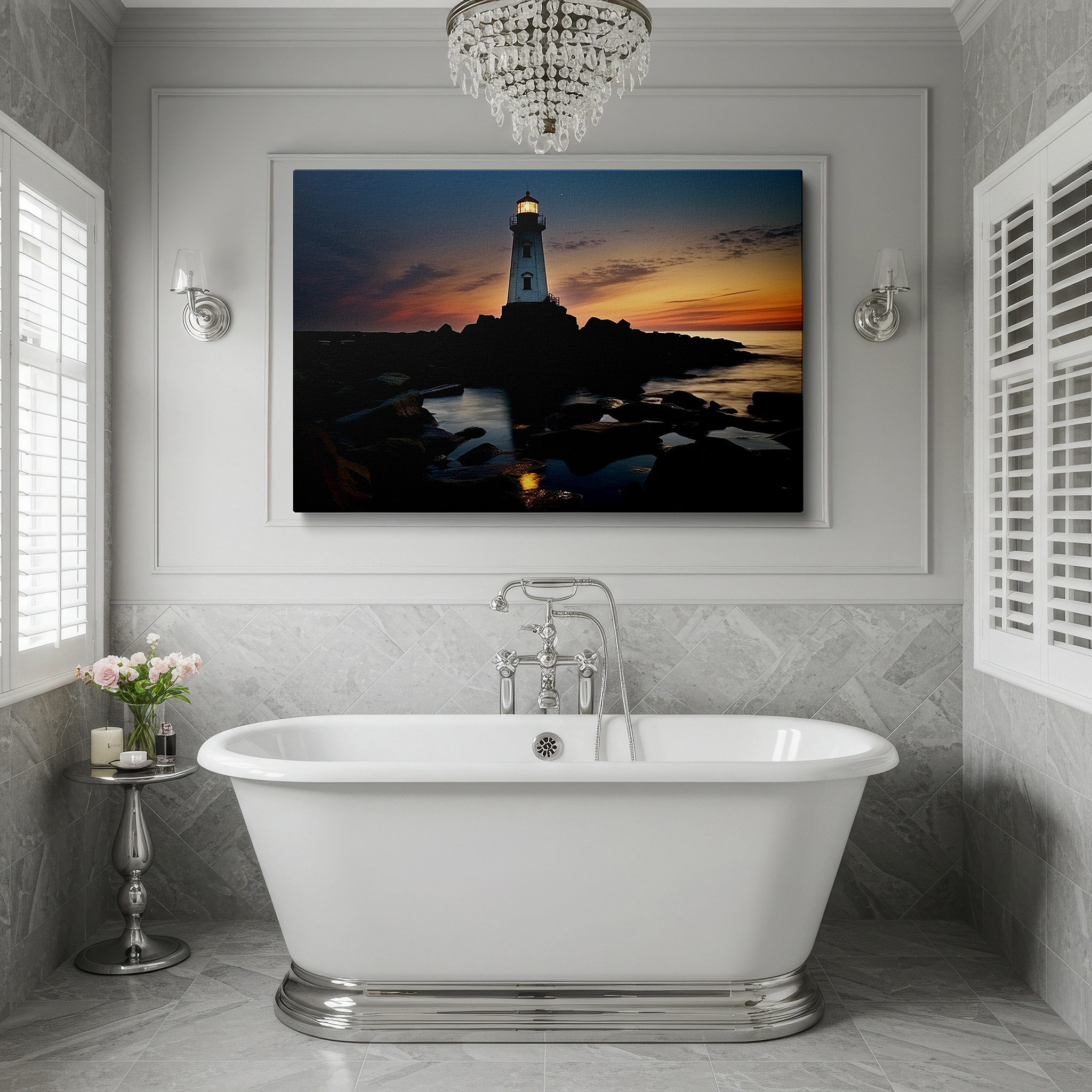 Perfectly sized at 45×30 cm for accenting shelves or narrow walls — lighthouse beacon of hope wall art: fiery skies and tranquil seas - large canvas for home and office decor, perfect for living room and bedroom