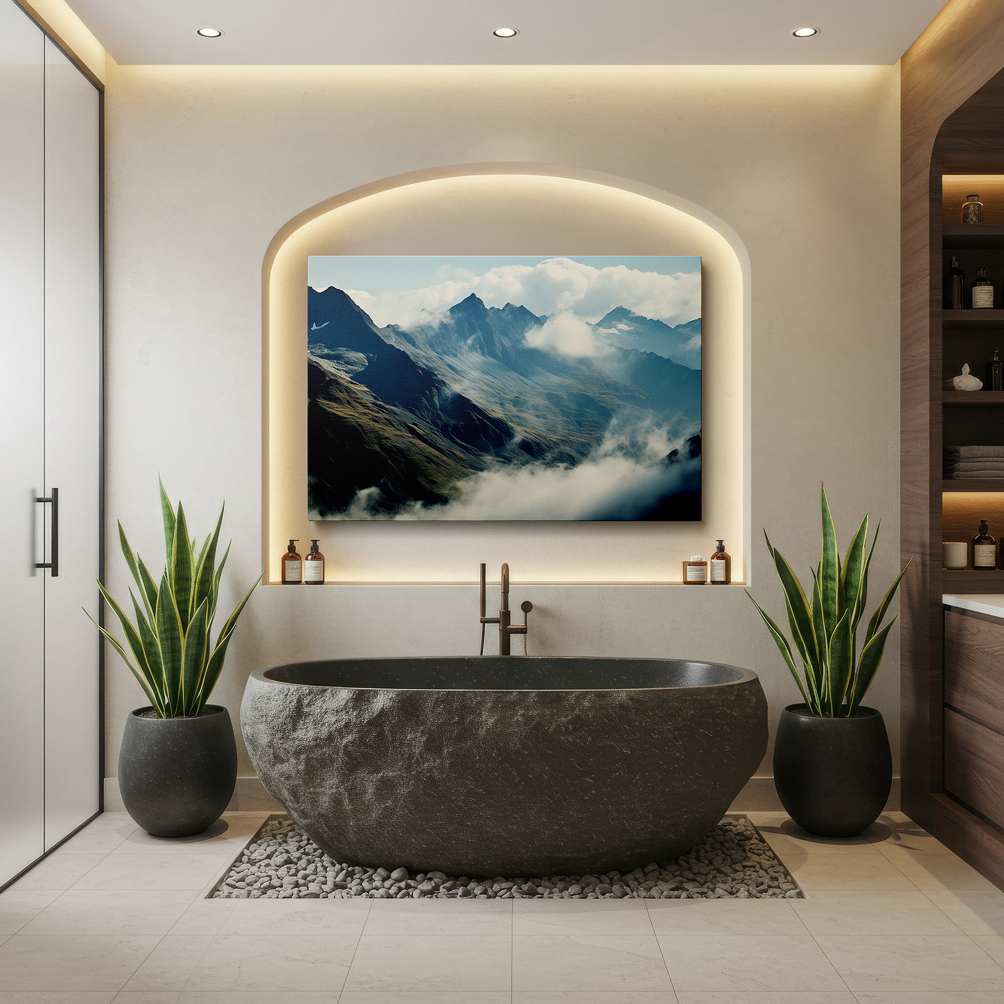 Perfectly sized at 45×30 cm for accenting shelves or narrow walls — majestic mountain peaks ascending into cloud-covered skies, serene yet imposing landscape large wall art, canvas wall art, wall decor for office