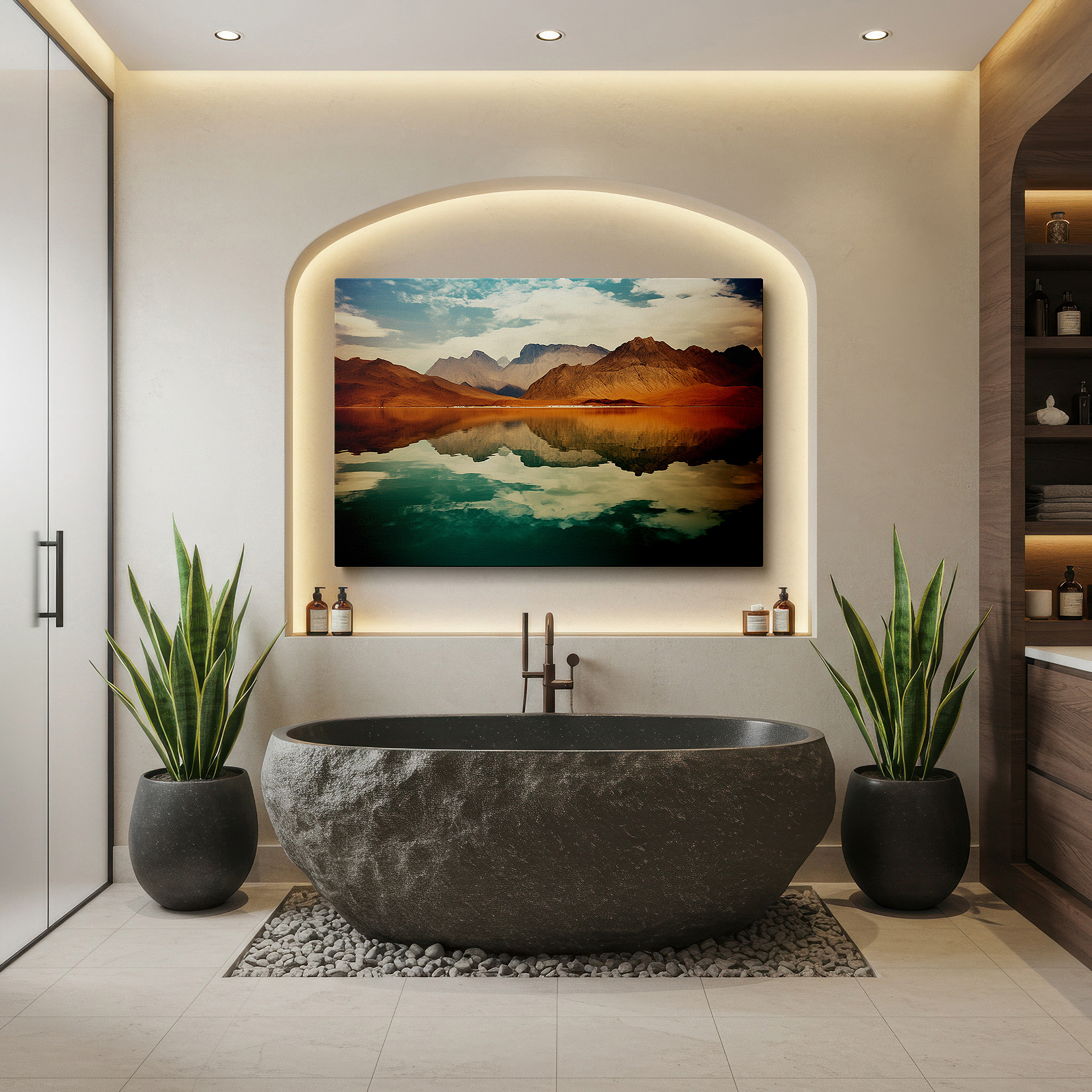 Perfectly sized at 45×30 cm for accenting shelves or narrow walls — majestic mountains and serene waters: celebrating nature's splendor - large wall art, canvas wall art, wall decor for offices and bedrooms