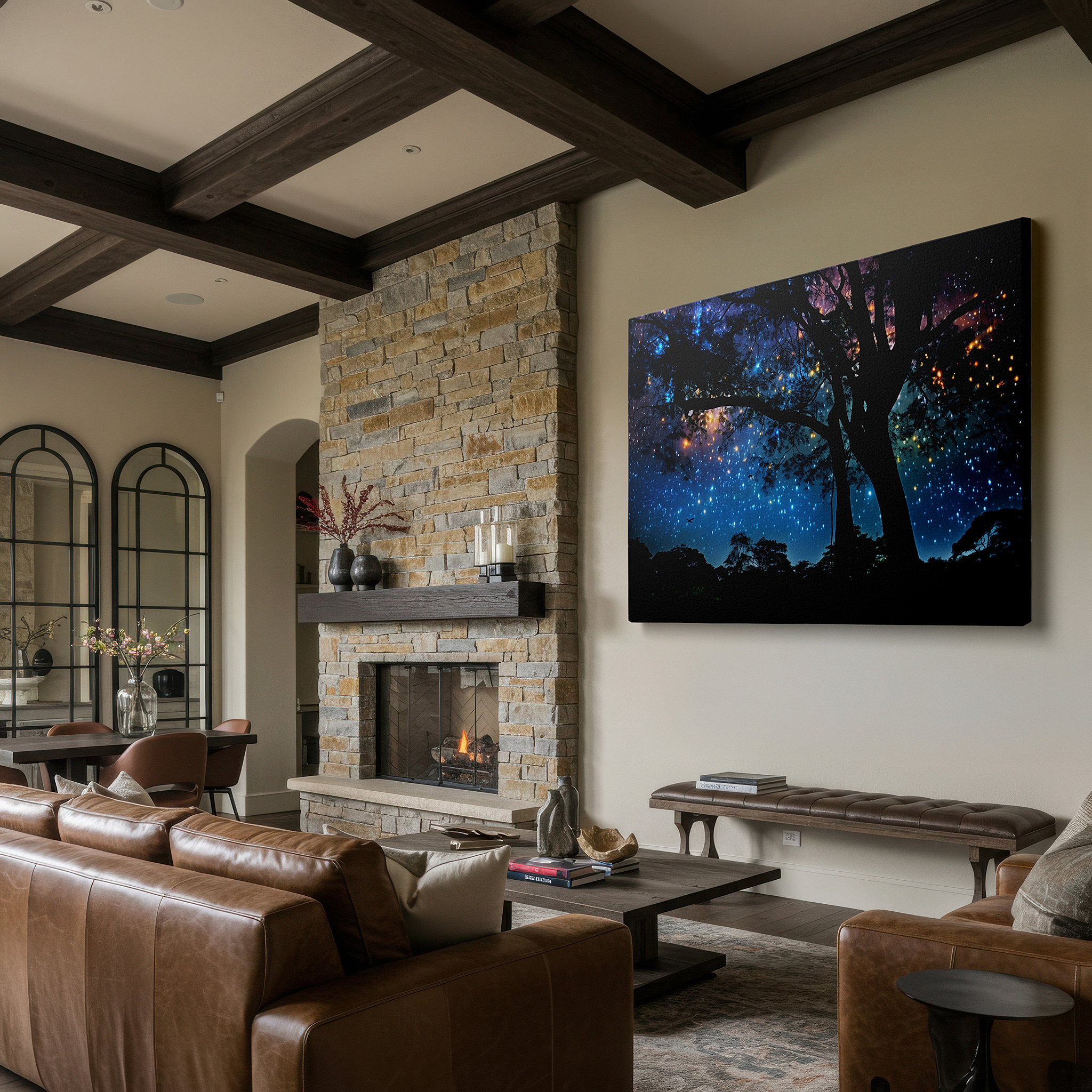 Perfectly sized at 45×30 cm for accenting shelves or narrow walls — majestic tree silhouette against a starry sky: a gateway to the infinite cosmos - large canvas wall art for home and office decor