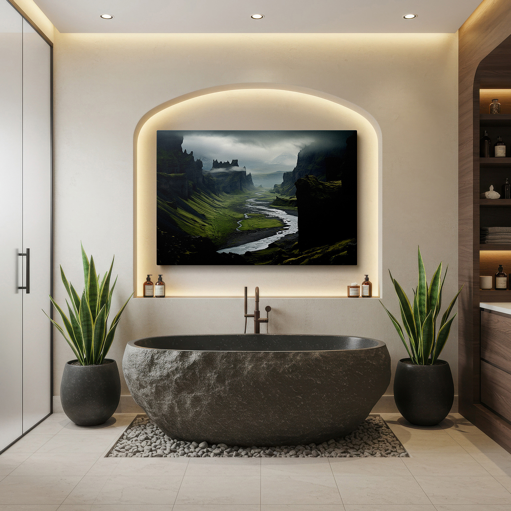 Perfectly sized at 45×30 cm for accenting shelves or narrow walls — majestic valley featuring a meandering river and soaring cliffs beneath overcast skies - large canvas wall art for home and office decor, perfect for living room and bedroom