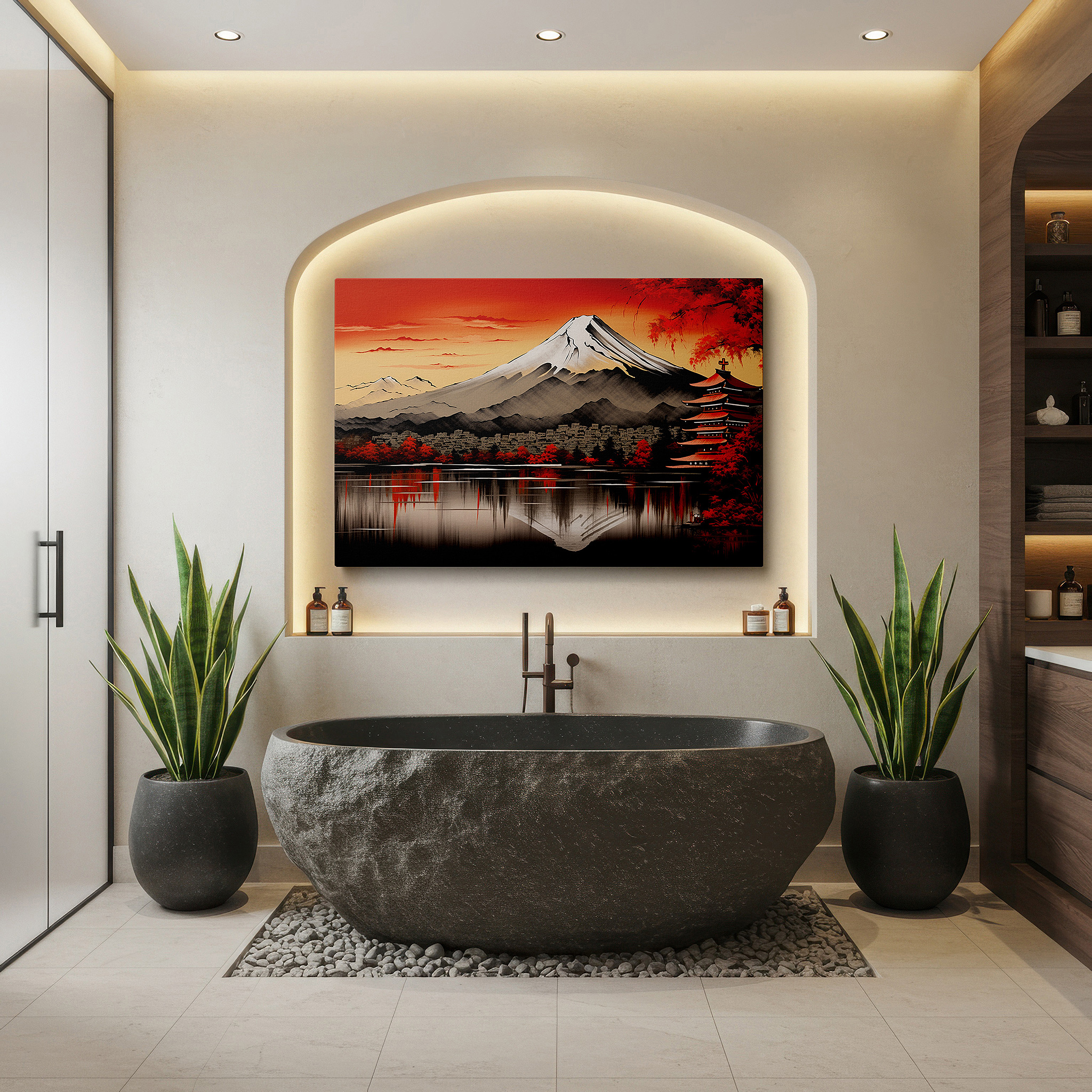 Perfectly sized at 45×30 cm for accenting shelves or narrow walls — mount fuji and pagoda canvas print in autumn glow - large wall art for office and bedroom decor