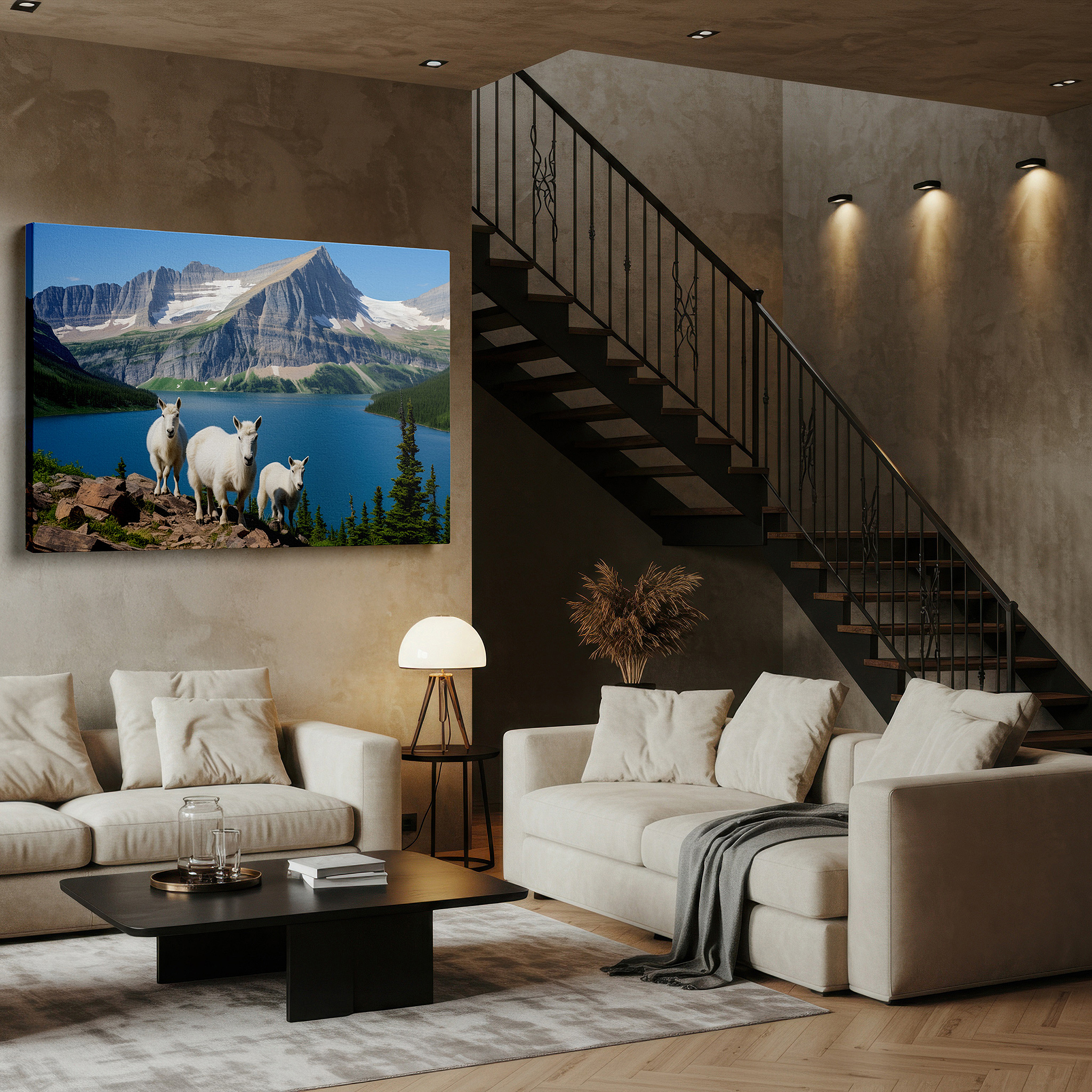 Perfectly sized at 45×30 cm for accenting shelves or narrow walls — mountain goats on rugged terrain with glacial lake view large wall art, canvas wall art, wall decor for office and bedroom