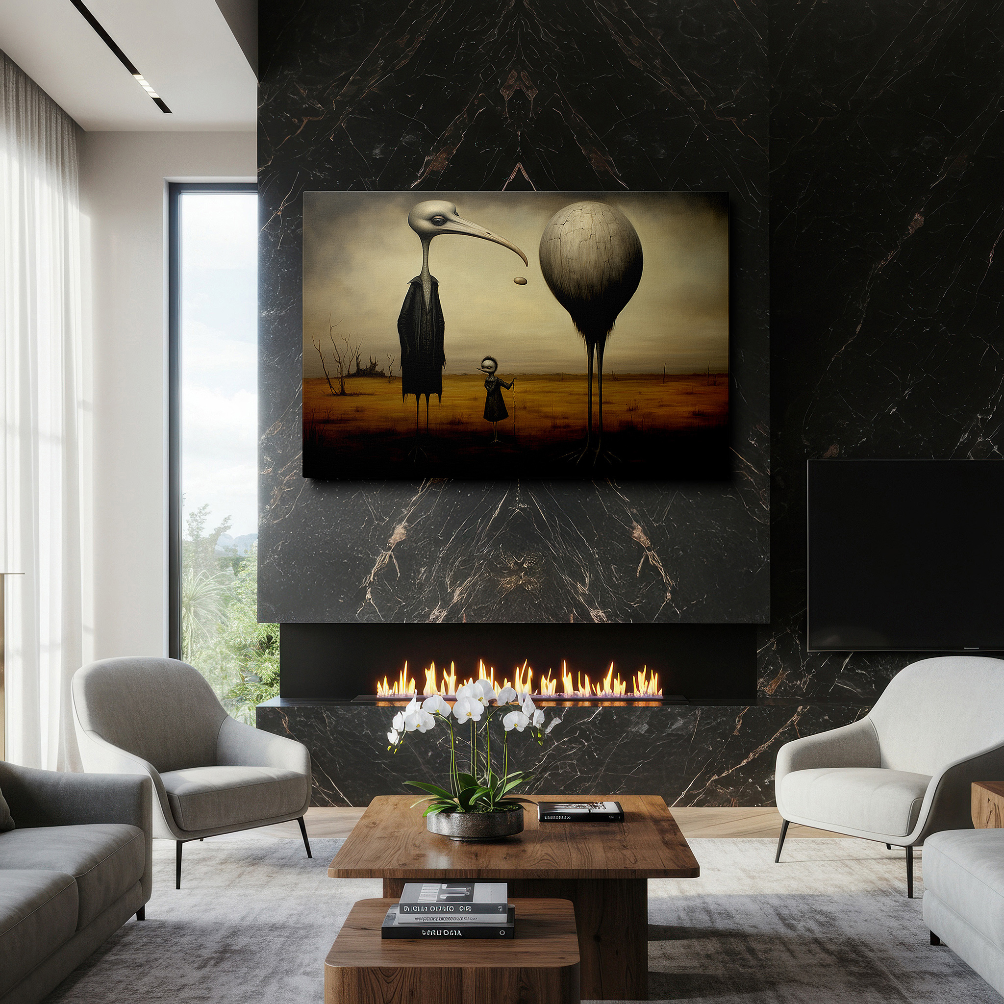 Perfectly sized at 45×30 cm for accenting shelves or narrow walls — mysterious figures and a regal bird in an endless surreal landscape: large canvas wall art for office and bedroom decor