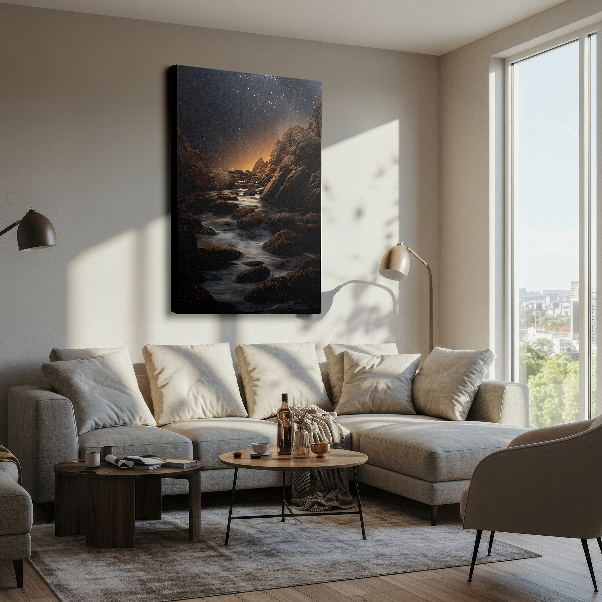 Perfectly sized at 45×30 cm for accenting shelves or narrow walls — mystical shoreline canvas art: rugged rocks and gentle waters under a starry sky - large wall decor for office