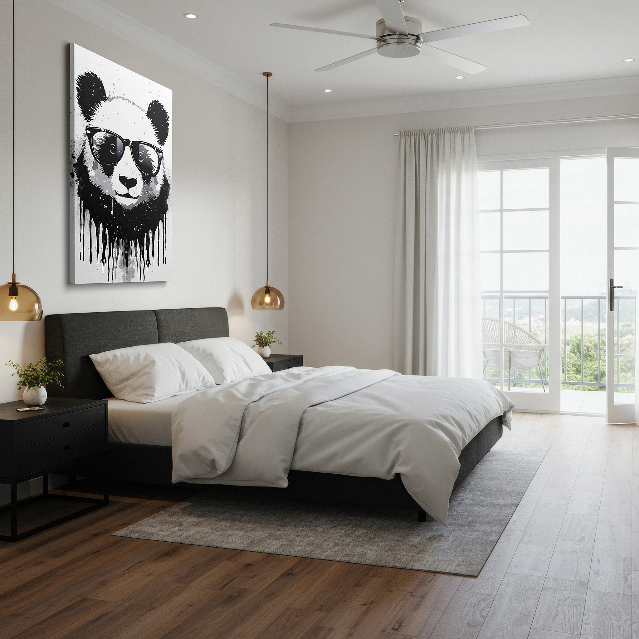 Perfectly sized at 45×30 cm for accenting shelves or narrow walls — panda in sunglasses canvas print with vibrant ink splashes, ideal for office, bedroom, and living room decor