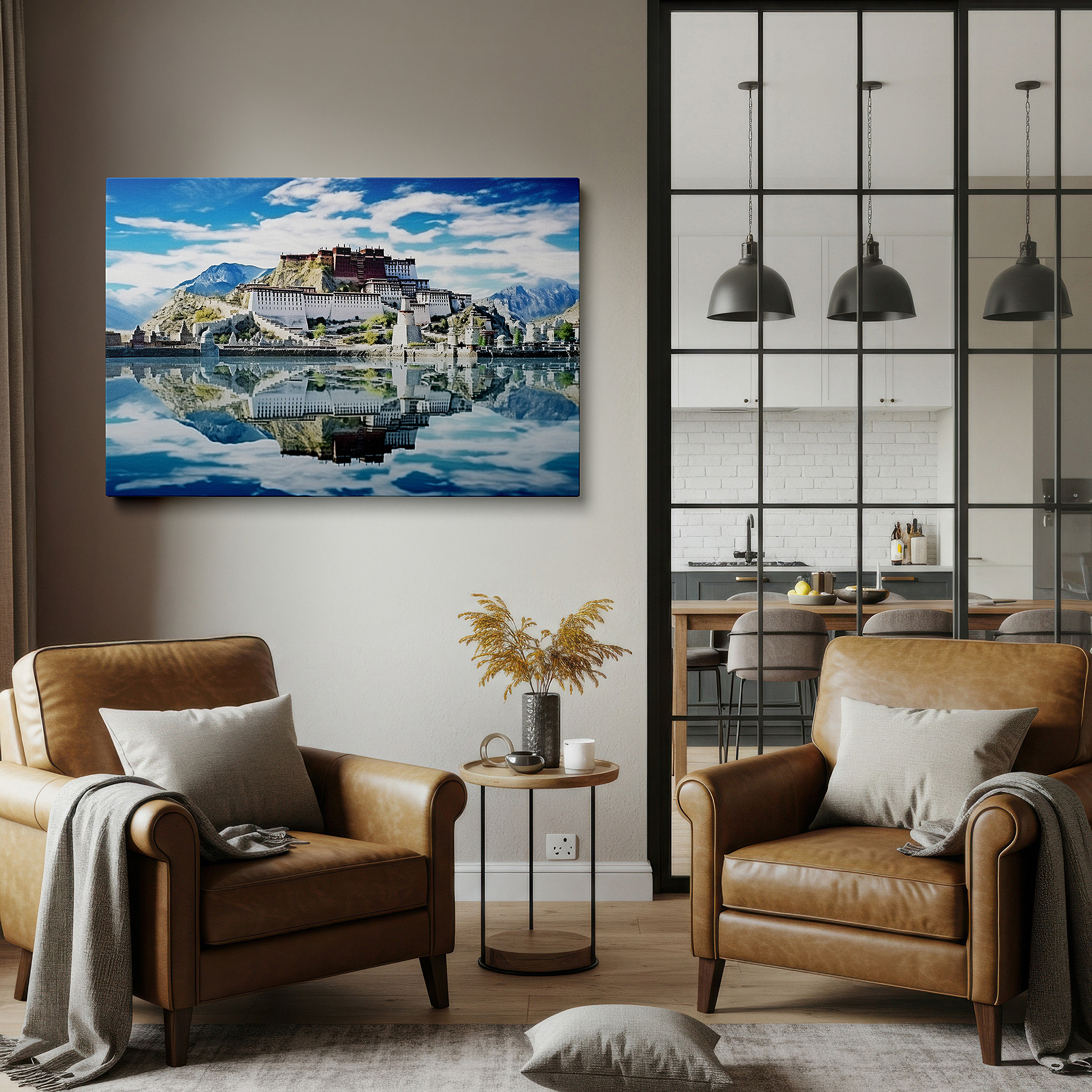 Perfectly sized at 45×30 cm for accenting shelves or narrow walls — potala palace majestic view with blue skies and reflective tibetan waters - large canvas wall art for office and bedroom decor