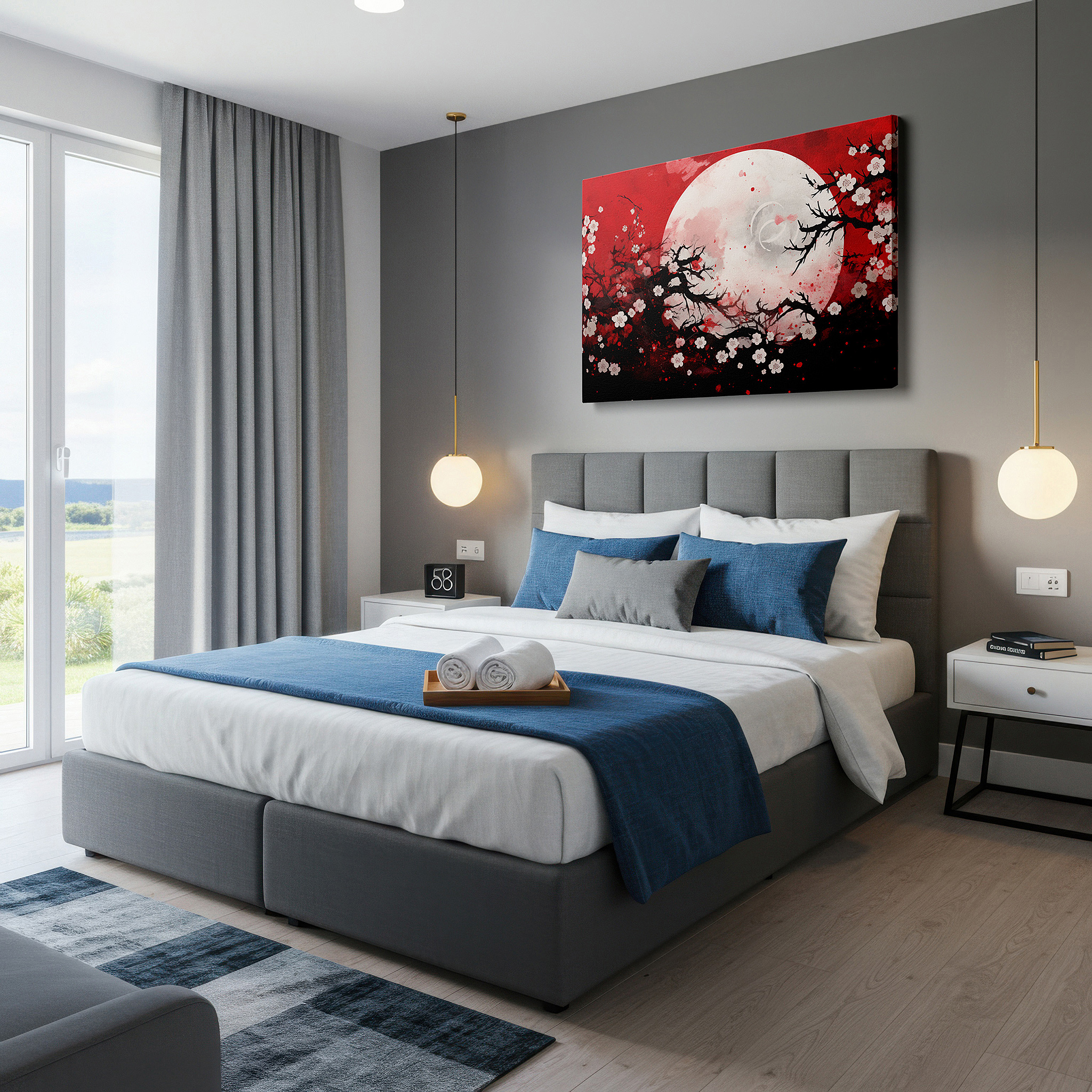 Perfectly sized at 45×30 cm for accenting shelves or narrow walls — red landscape with glowing moon and cherry blossoms - a captivating mix of passion and peace large wall art, canvas wall art, wall art