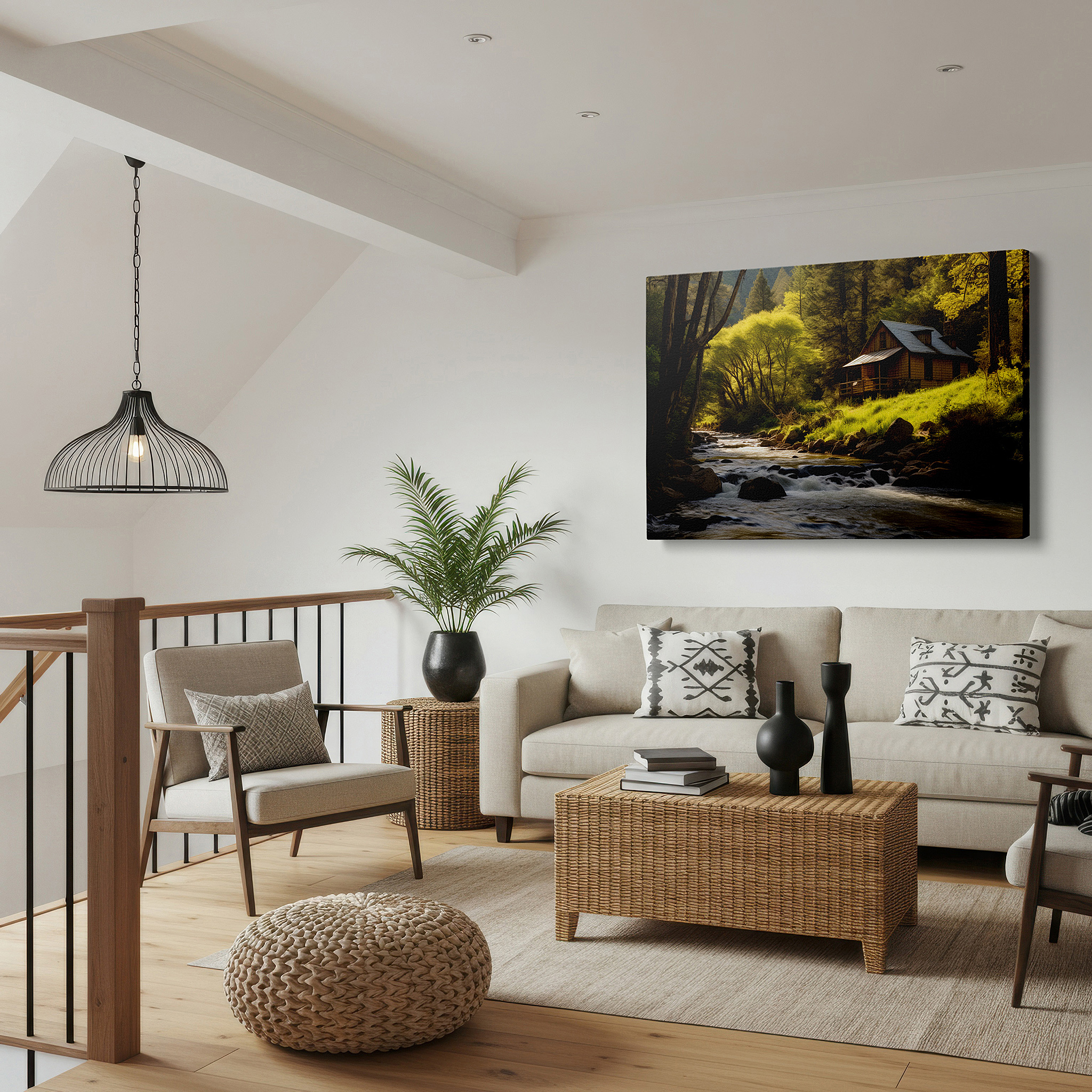 Perfectly sized at 45×30 cm for accenting shelves or narrow walls — rustic cabin retreat by a sparkling river surrounded by lush spring greenery large wall art, canvas wall art, wall decor for office