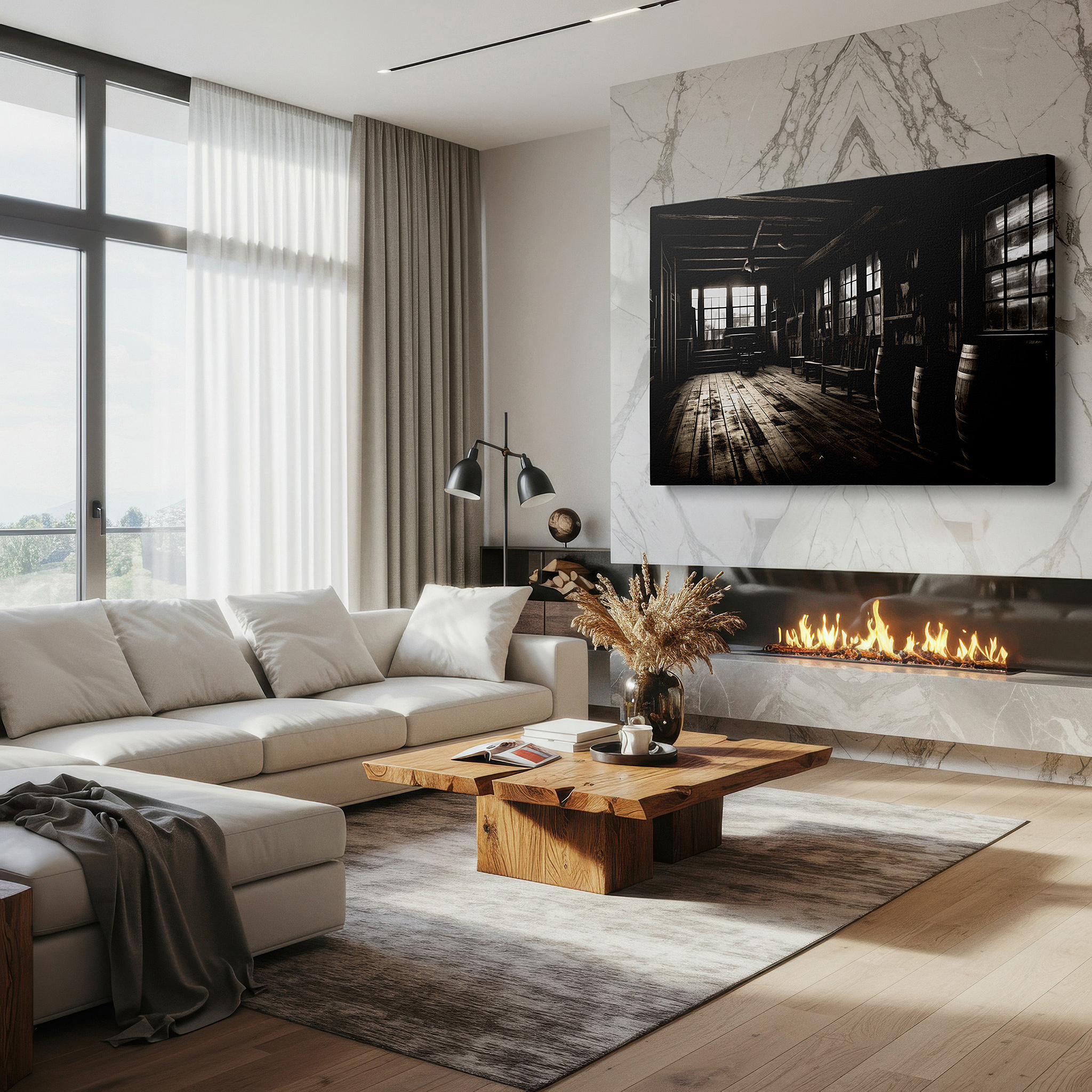 Perfectly sized at 45×30 cm for accenting shelves or narrow walls — rustic wooden beams in moody black and white - large canvas wall art for office, bedroom, and living room decor