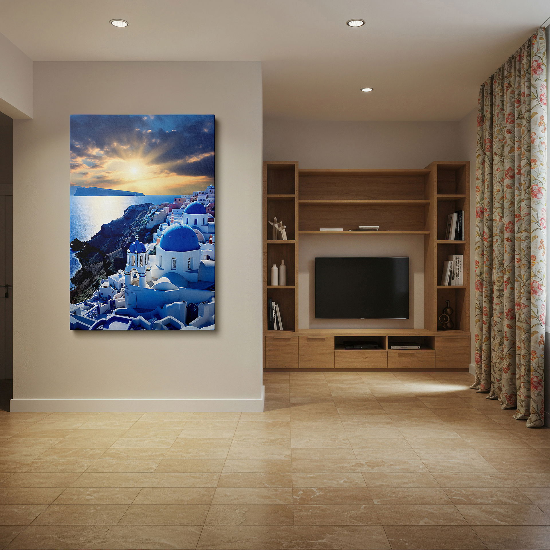 Perfectly sized at 45×30 cm for accenting shelves or narrow walls — santorini sunset wall art - experience the serenity of