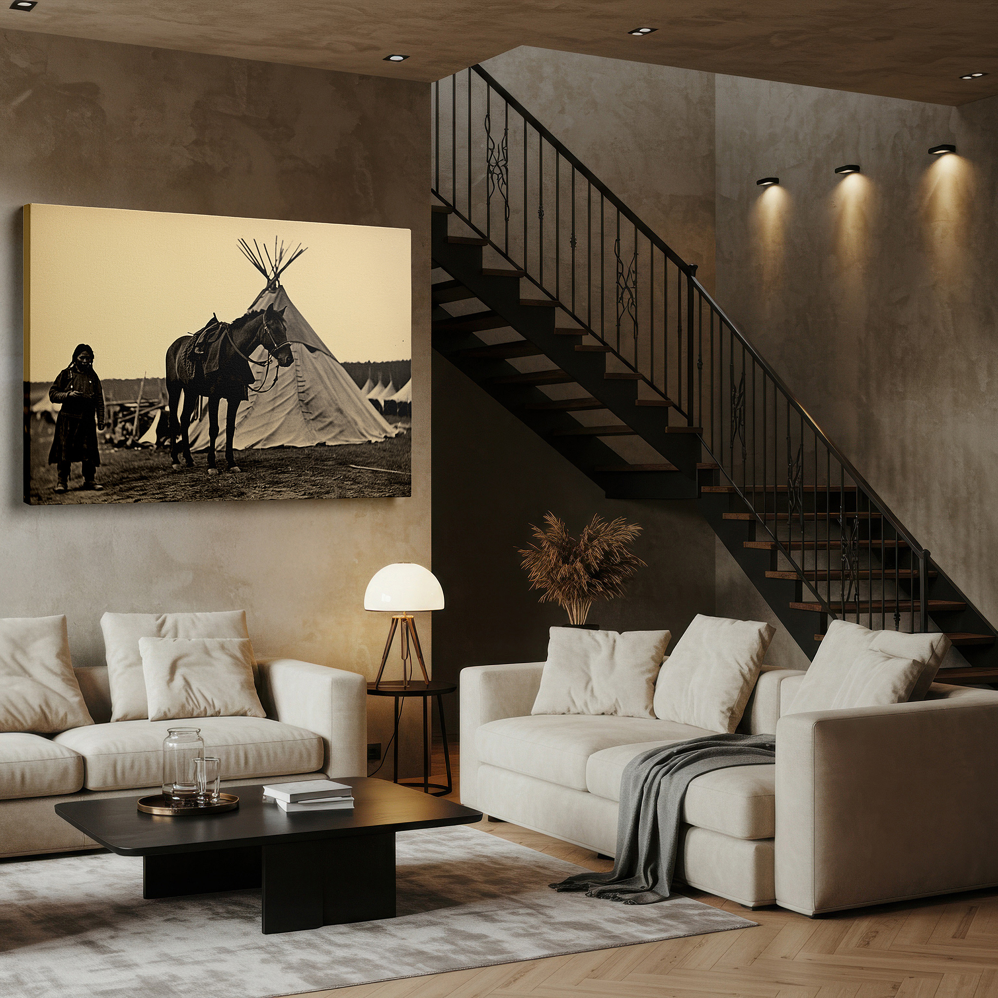 Perfectly sized at 45×30 cm for accenting shelves or narrow walls — sepia-toned timeless scene of serenity featuring a woman and horse near a teepee - large canvas wall art for office and bedroom decor