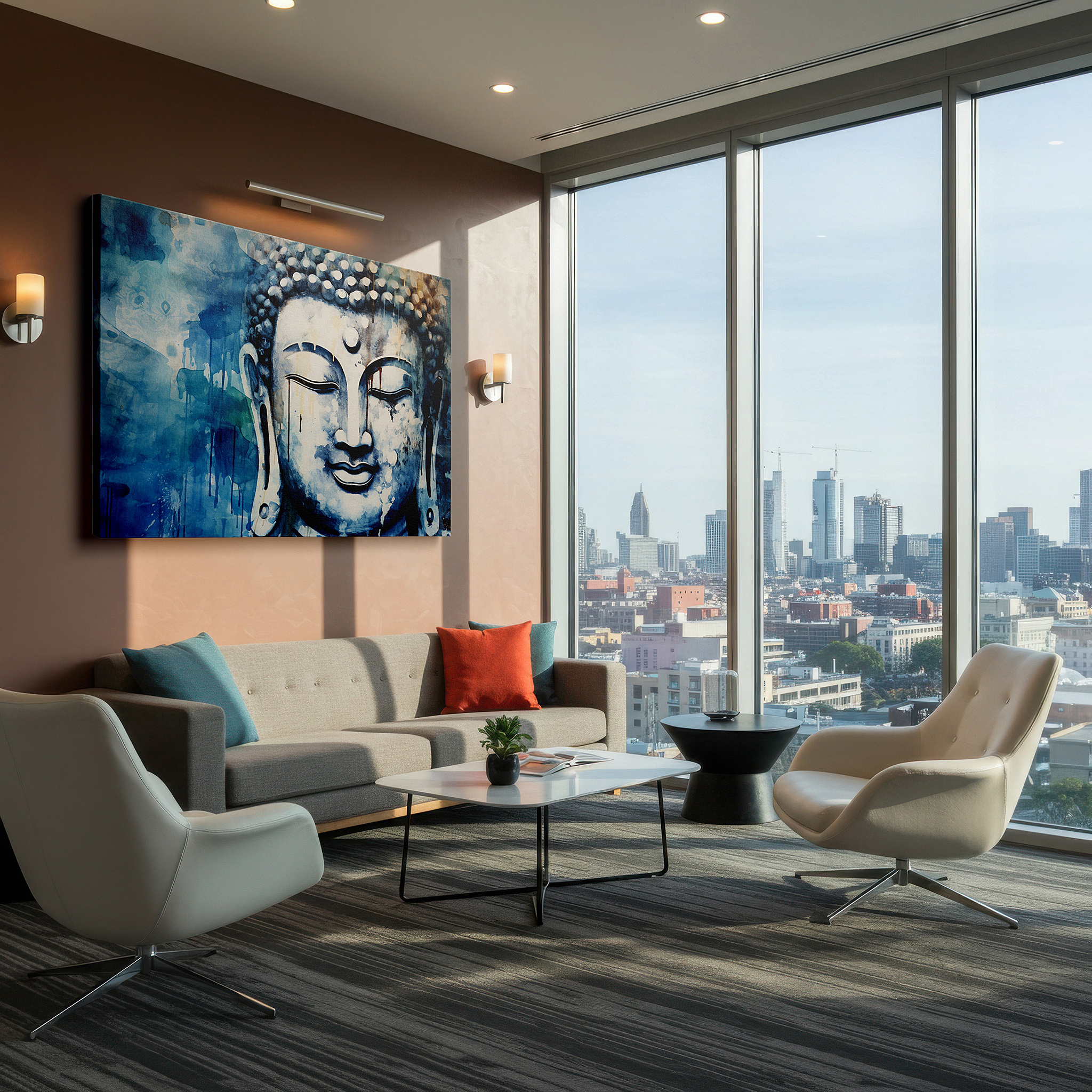 Perfectly sized at 45×30 cm for accenting shelves or narrow walls — serene buddha portrait in calming blue: a tranquil and mystical display of spiritual depth - large canvas wall art for home and office decor
