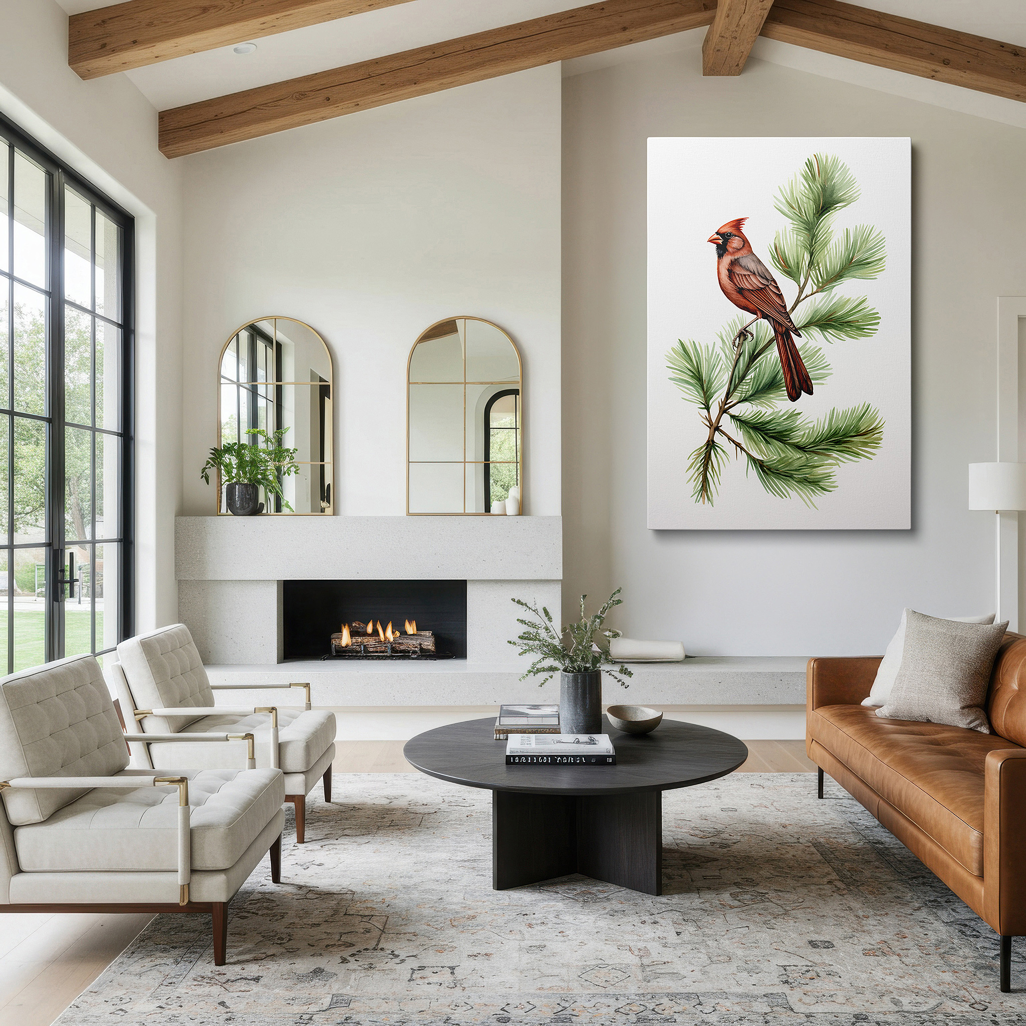 Perfectly sized at 45×30 cm for accenting shelves or narrow walls — serene cardinal on pine branch: a vivid depiction of nature's tranquil moments - large canvas wall art for home and office decor