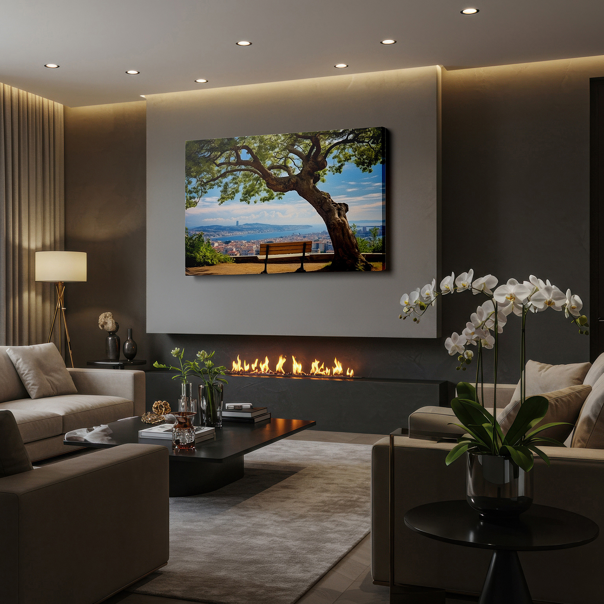 Perfectly sized at 45×30 cm for accenting shelves or narrow walls — serene cityscape and nature fusion: tranquil bench under a grand tree large canvas wall art, perfect for office and home decor